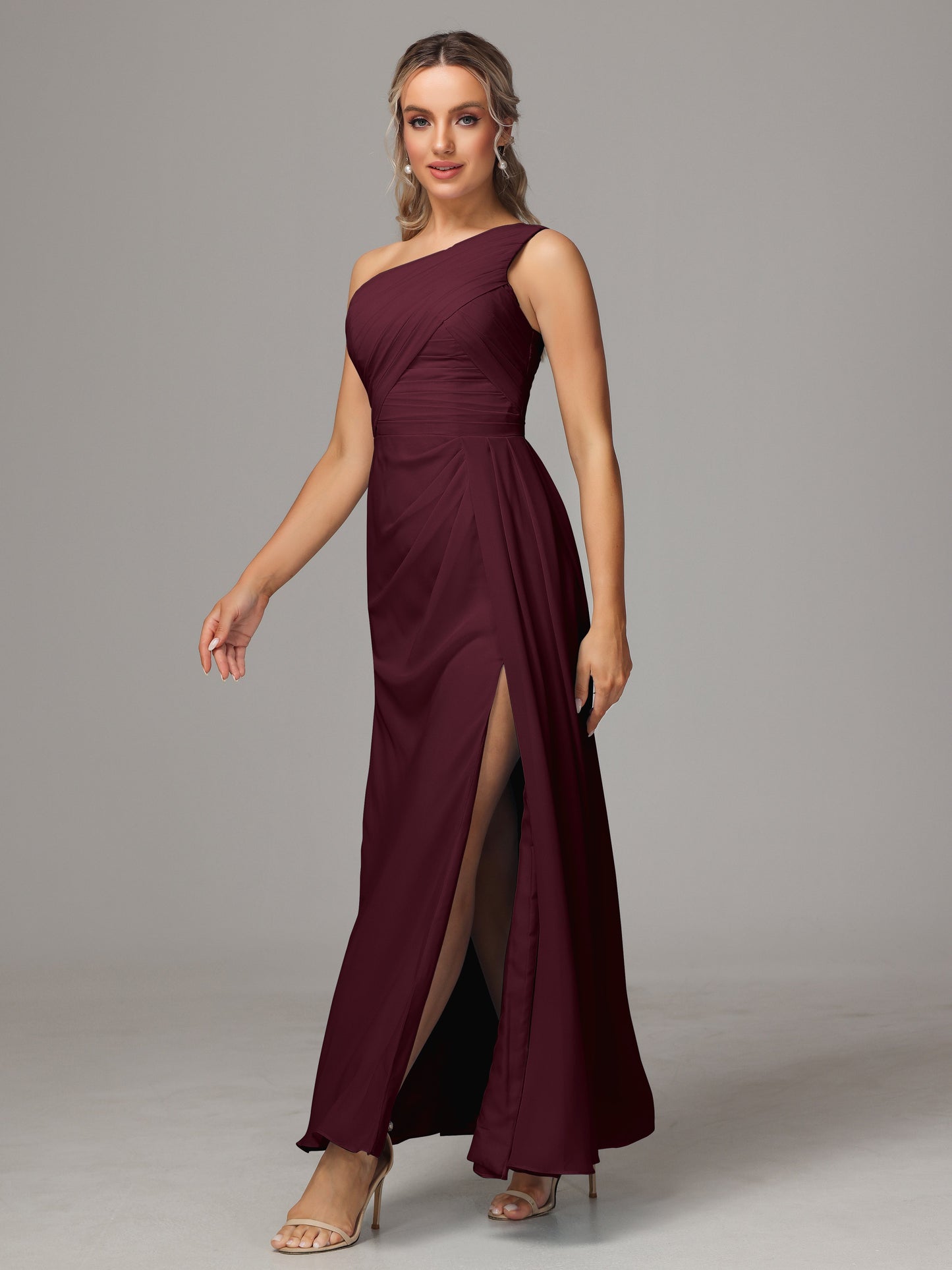 One Shoulder Floor Length Chiffon Bridesmaid Dress