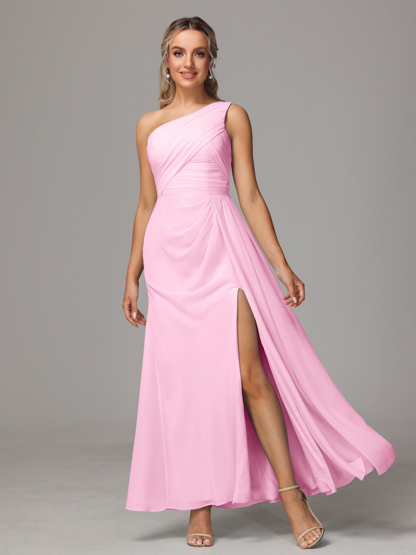 One Shoulder Floor Length Chiffon Bridesmaid Dress