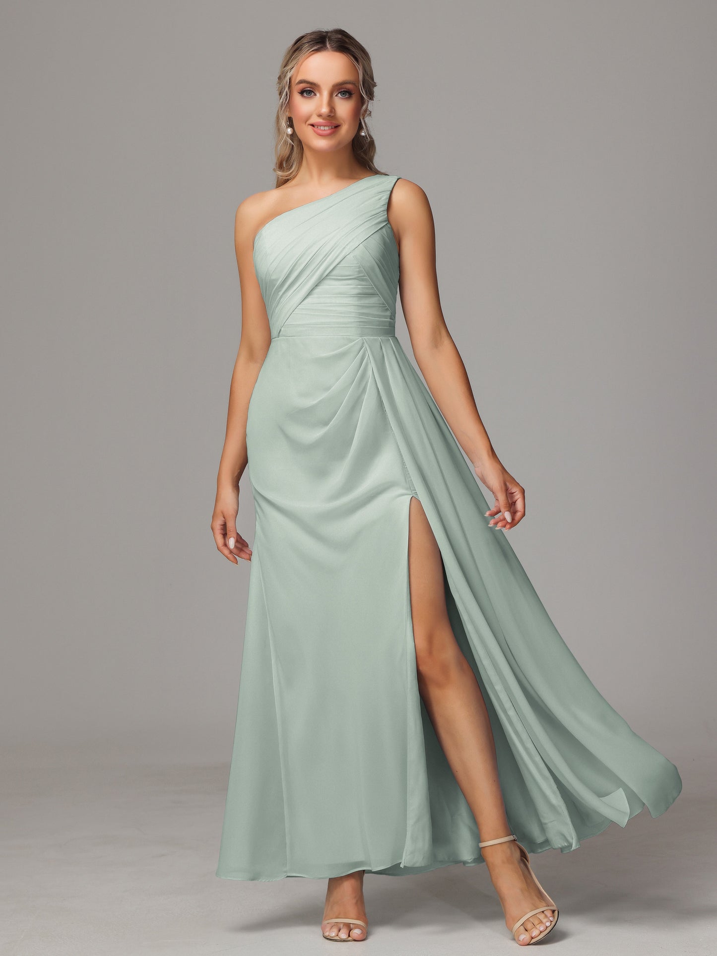 One Shoulder Floor Length Chiffon Bridesmaid Dress