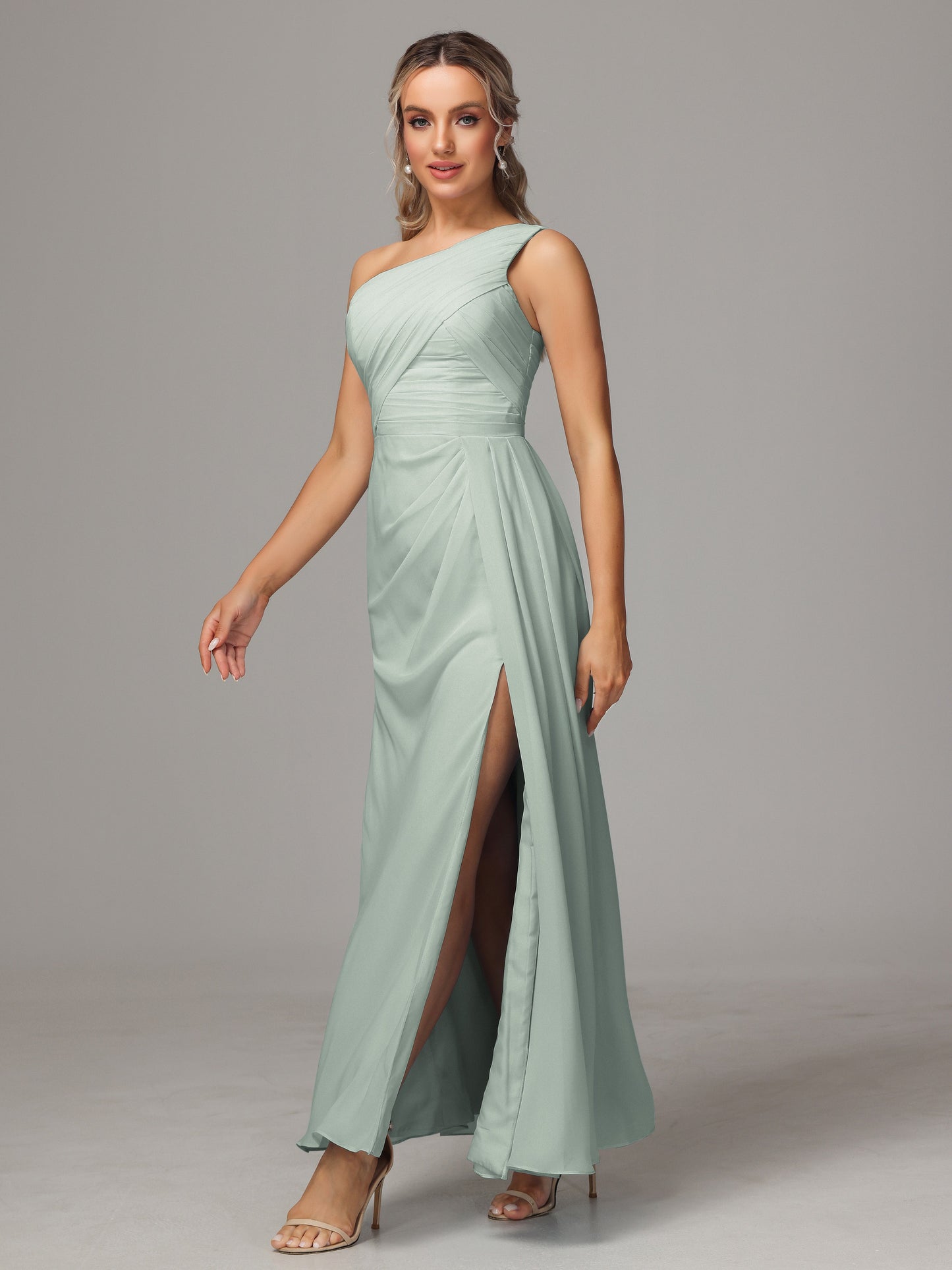 One Shoulder Floor Length Chiffon Bridesmaid Dress