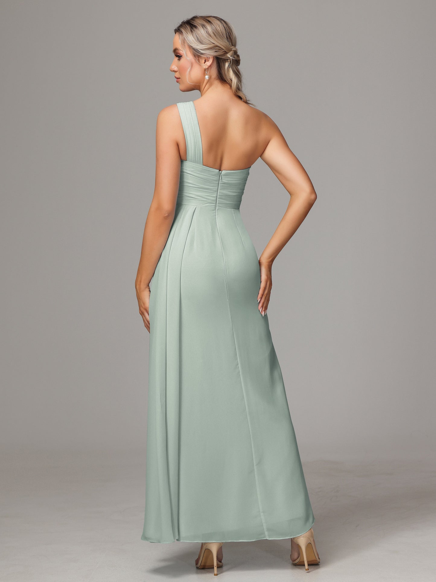 One Shoulder Floor Length Chiffon Bridesmaid Dress