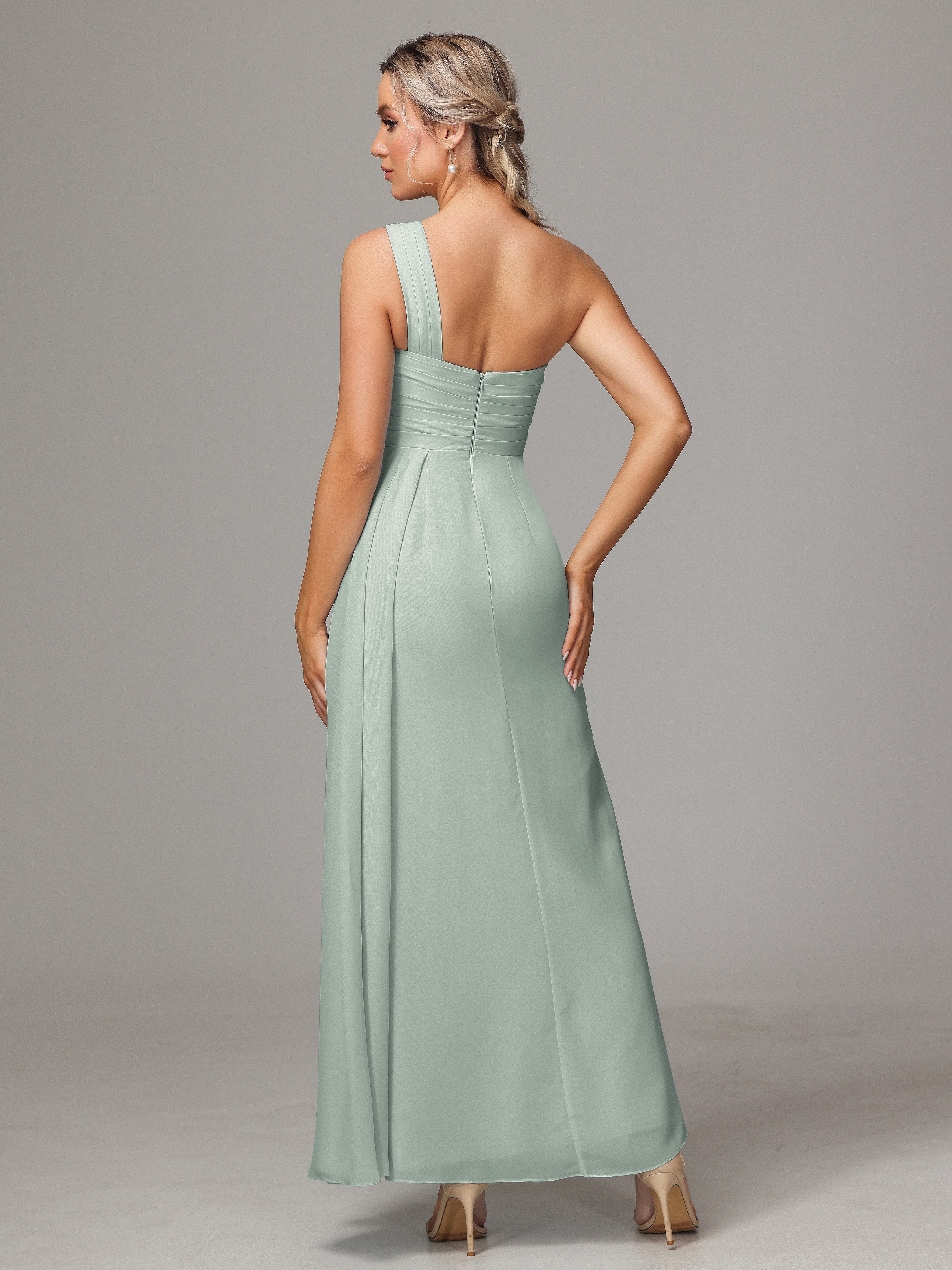 One Shoulder Floor Length Chiffon Bridesmaid Dress