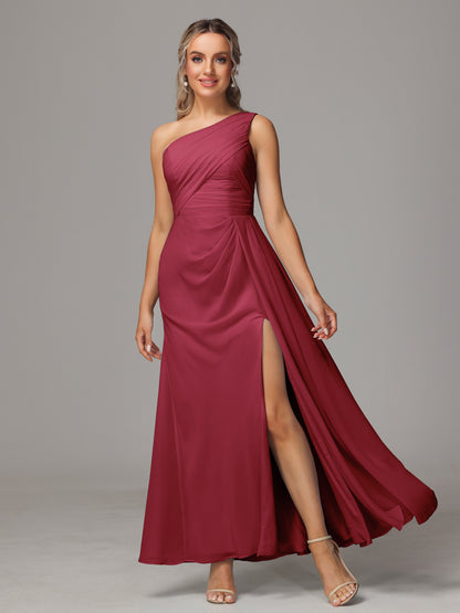 One Shoulder Floor Length Chiffon Bridesmaid Dress