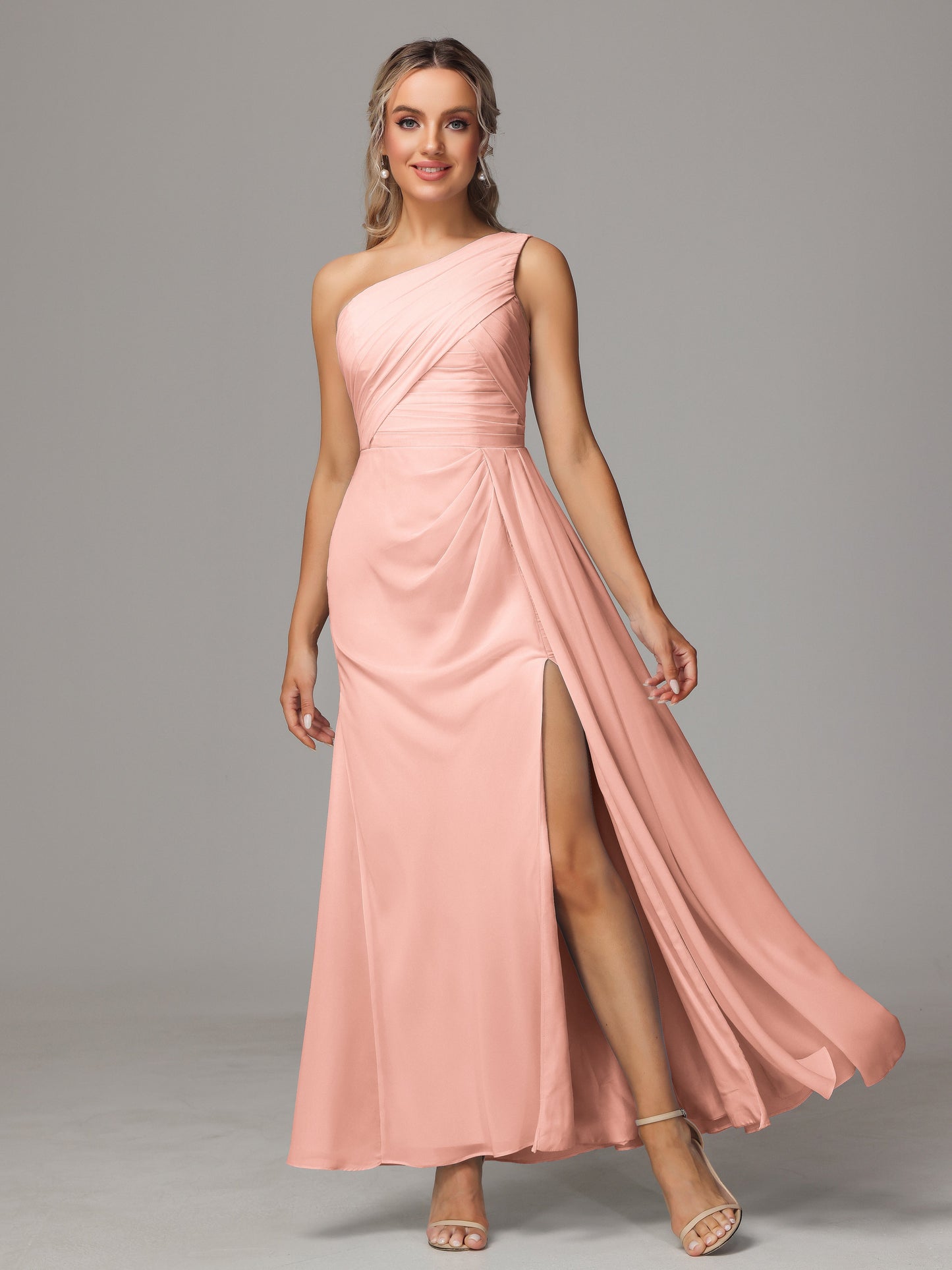 One Shoulder Floor Length Chiffon Bridesmaid Dress