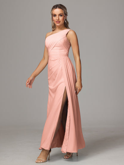 One Shoulder Floor Length Chiffon Bridesmaid Dress