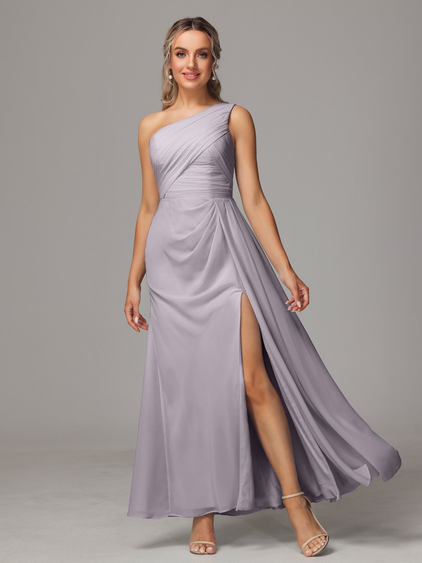 One Shoulder Floor Length Chiffon Bridesmaid Dress