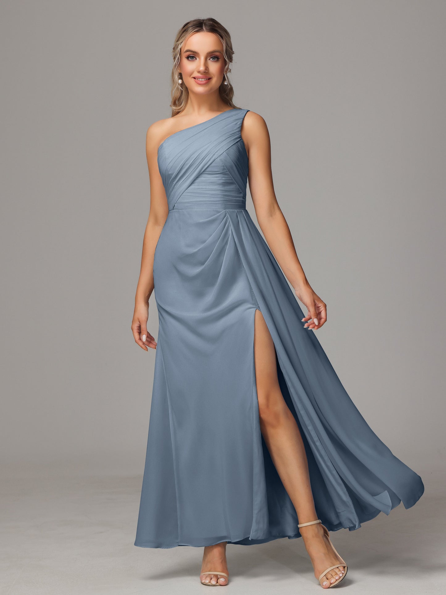 One Shoulder Floor Length Chiffon Bridesmaid Dress