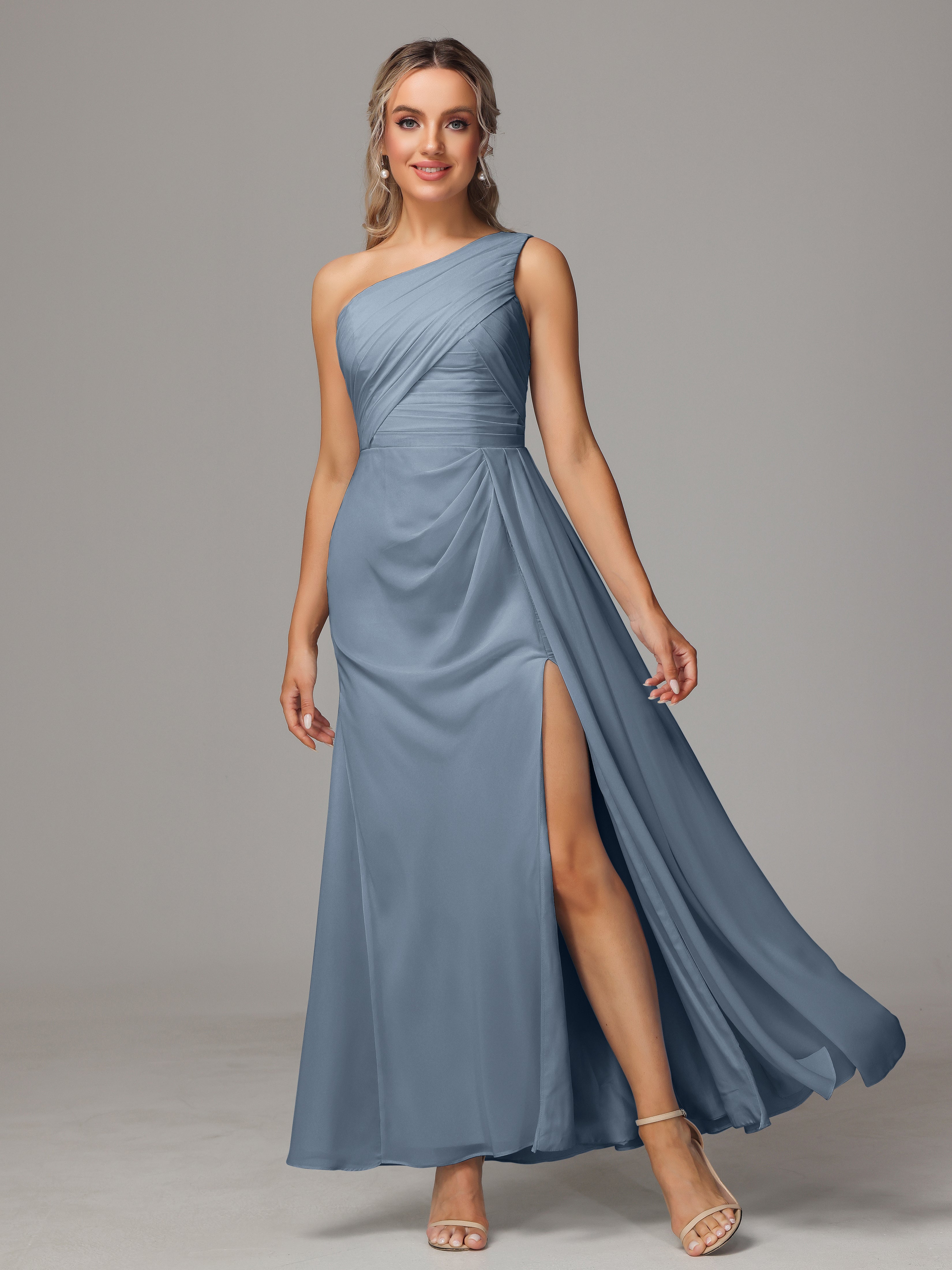 One Shoulder Floor Length Chiffon Bridesmaid Dress