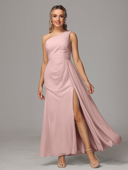 One Shoulder Floor Length Chiffon Bridesmaid Dress