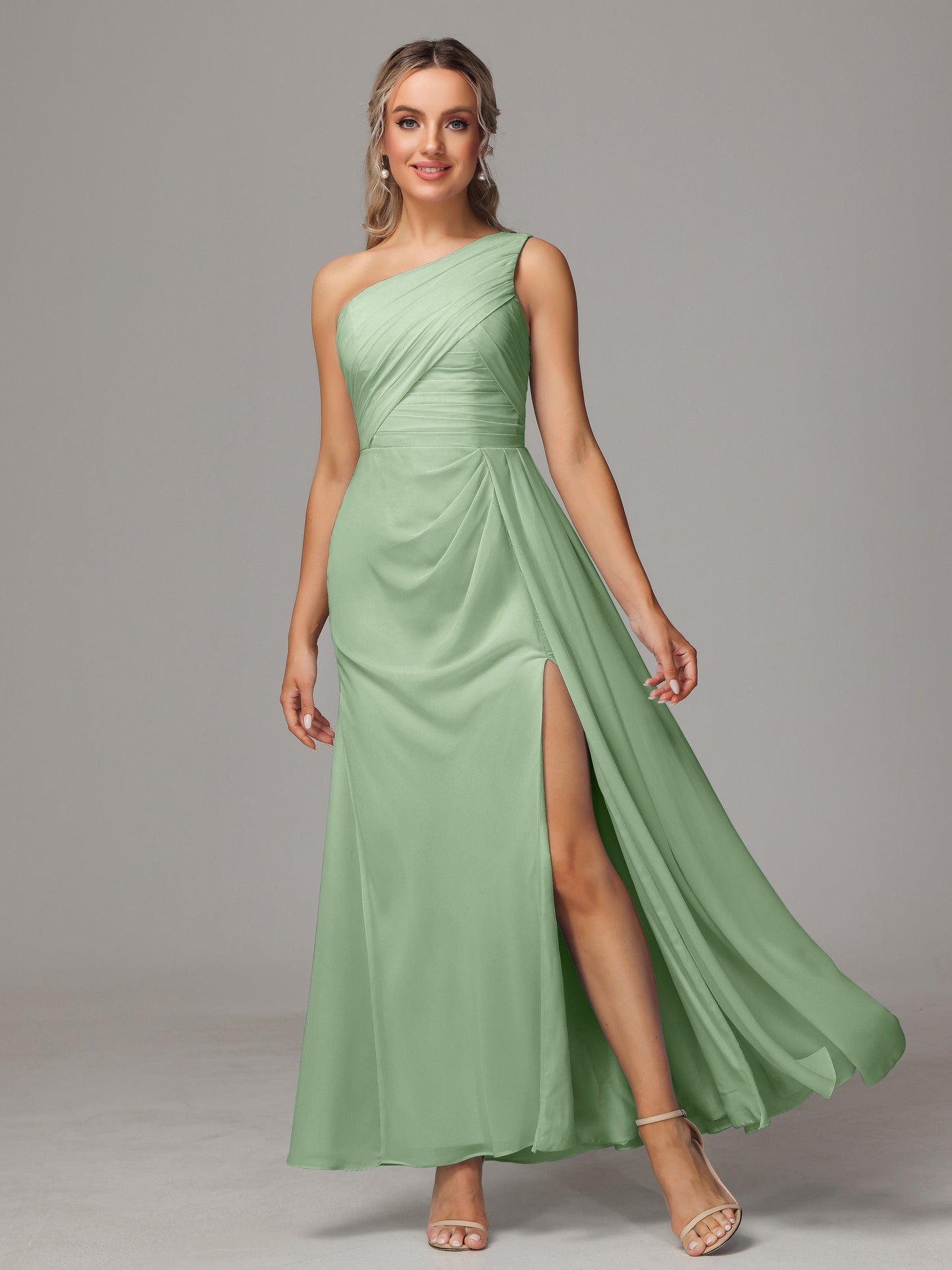 One Shoulder Floor Length Chiffon Bridesmaid Dress