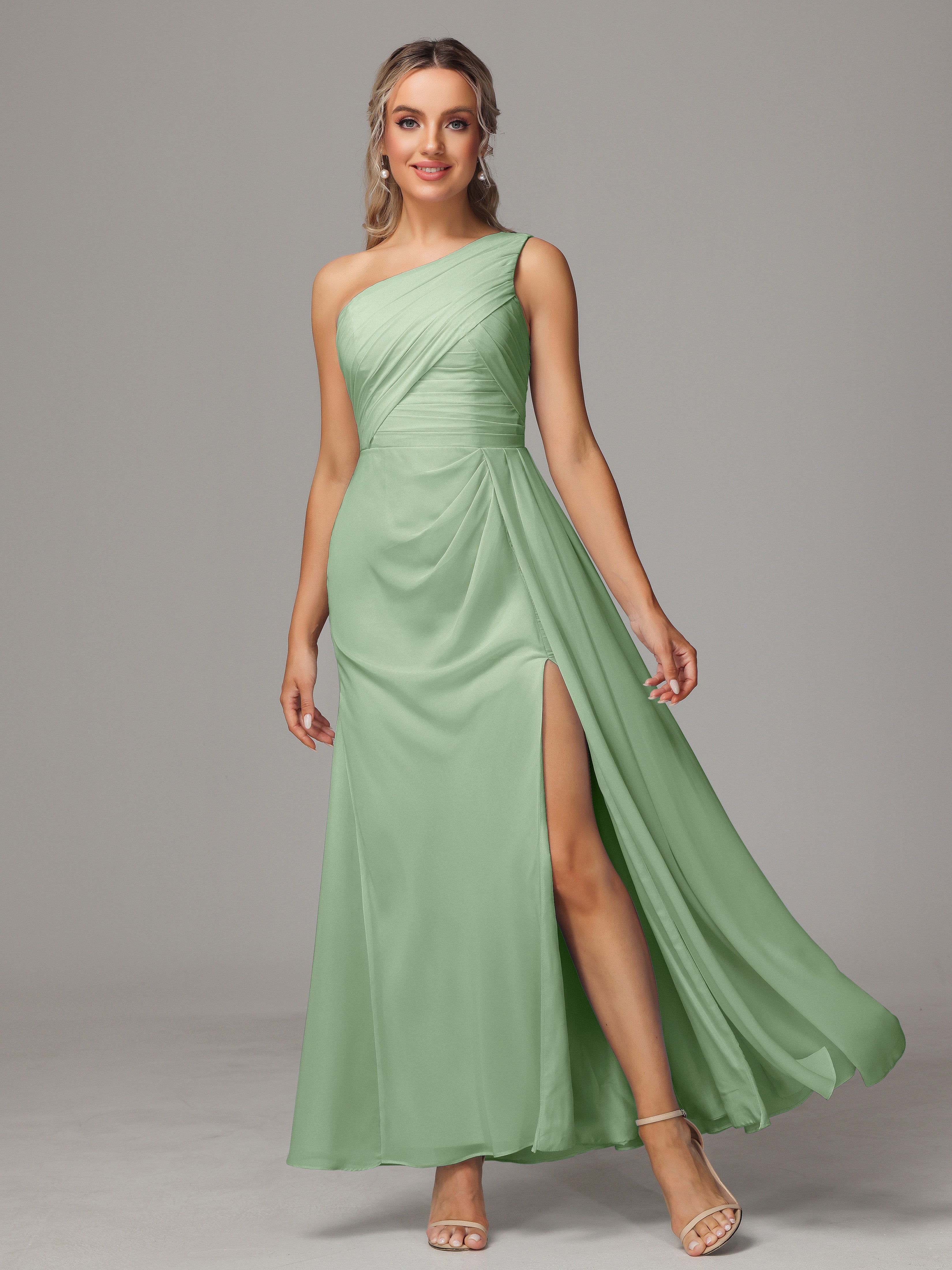 One Shoulder Floor Length Chiffon Bridesmaid Dress