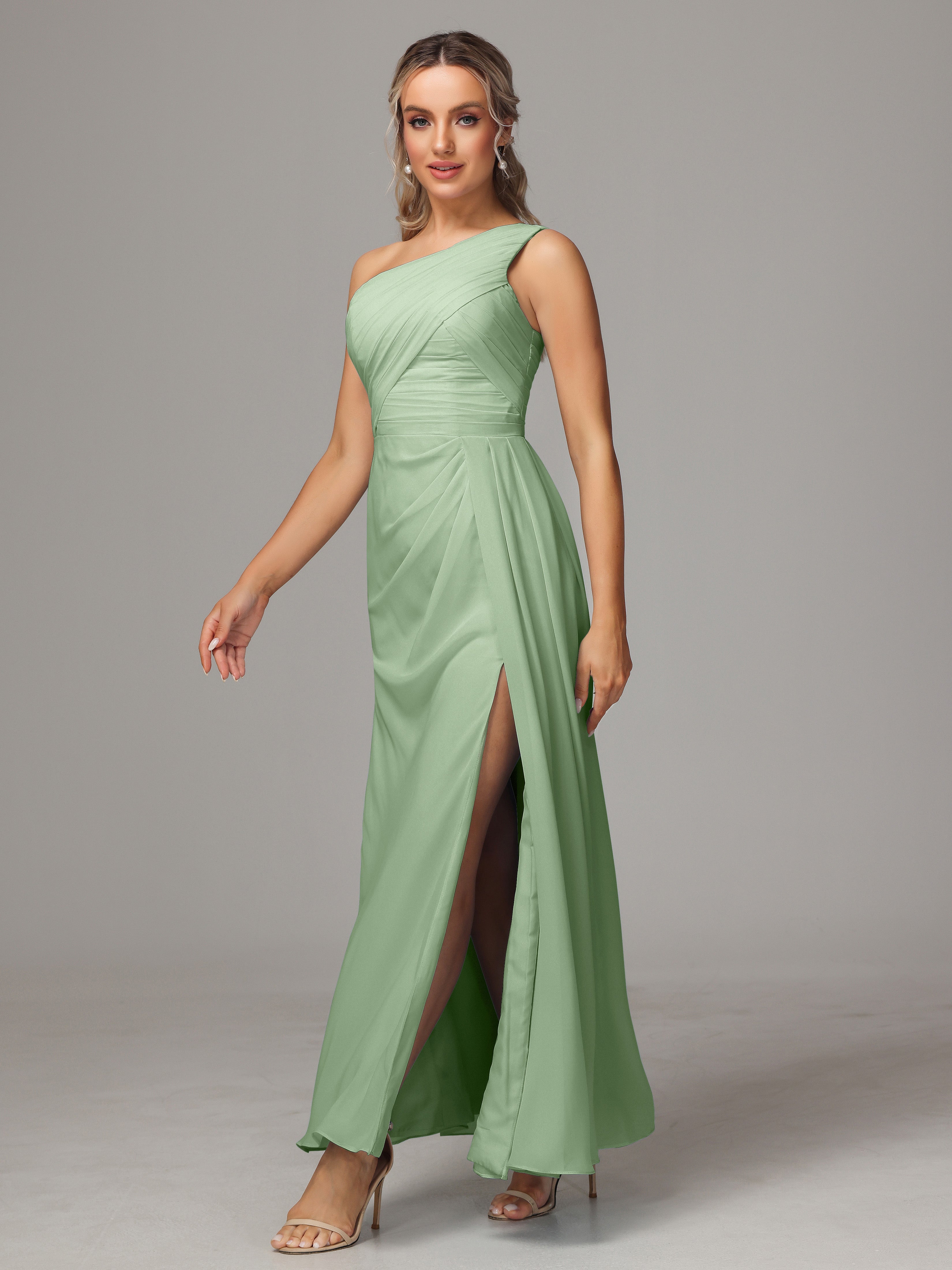 One Shoulder Floor Length Chiffon Bridesmaid Dress