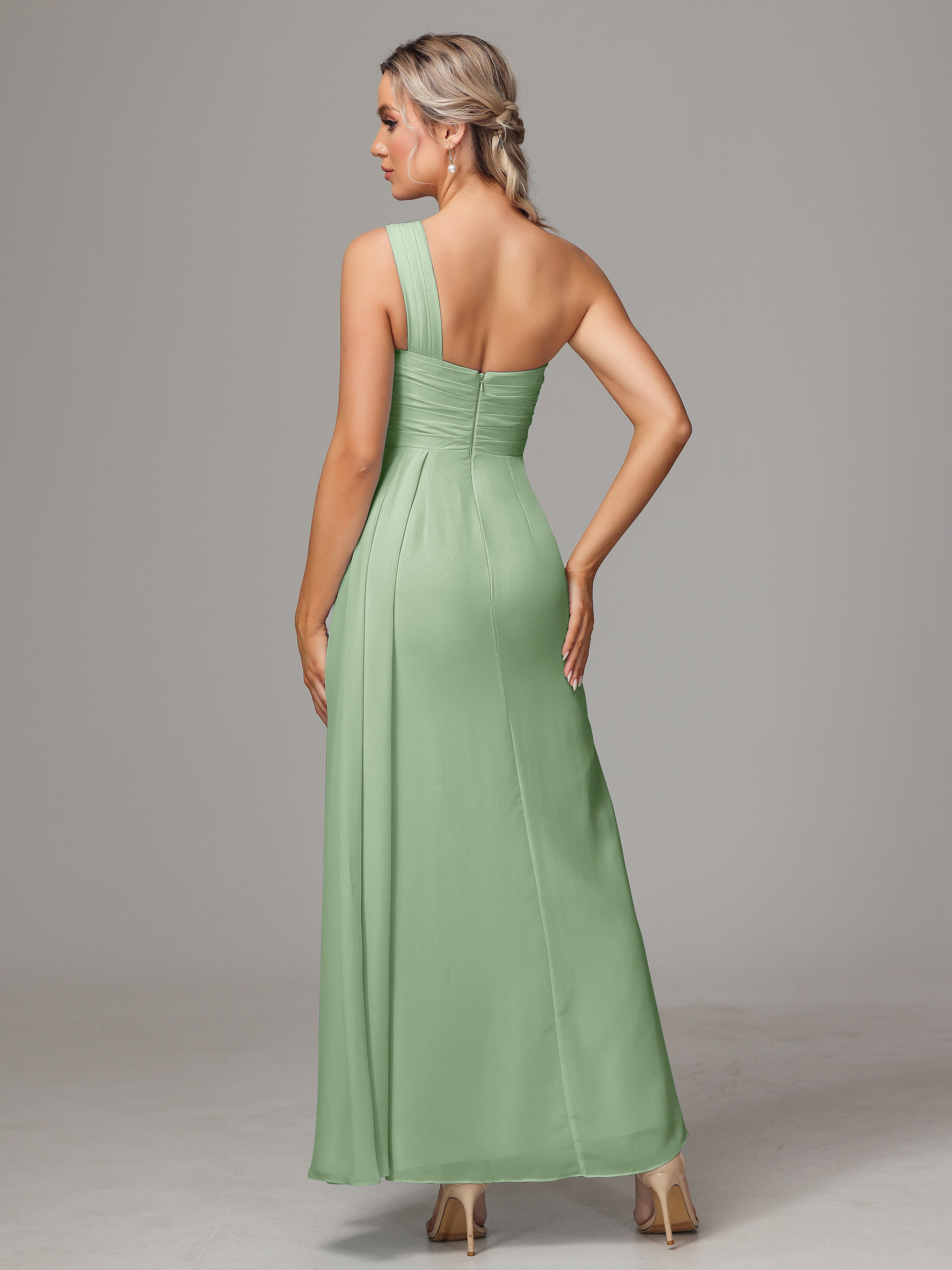 One Shoulder Floor Length Chiffon Bridesmaid Dress