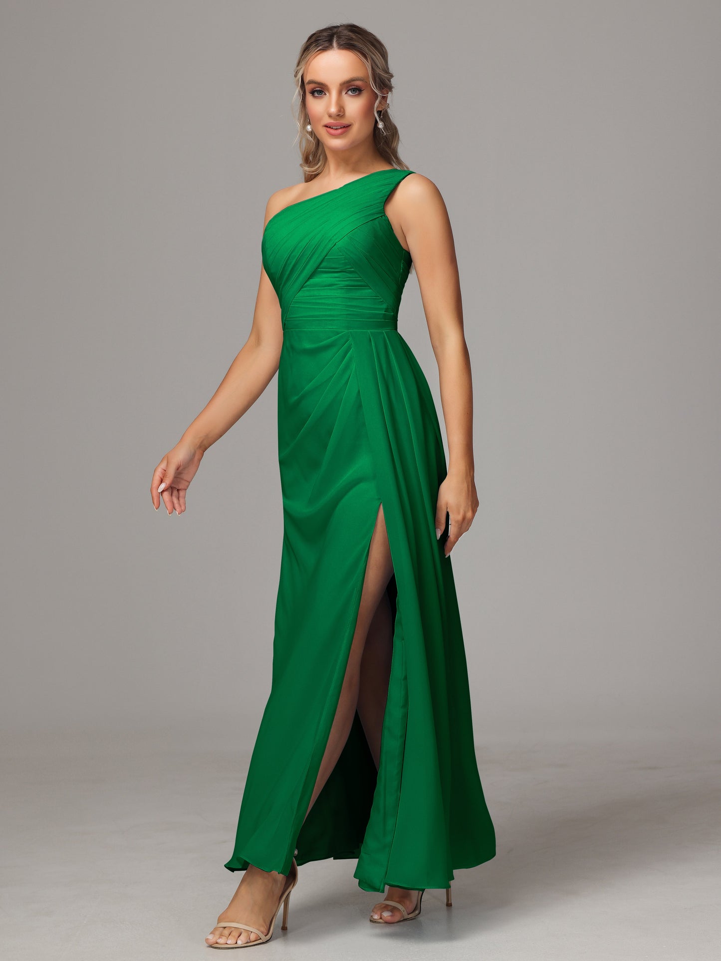 One Shoulder Floor Length Chiffon Bridesmaid Dress