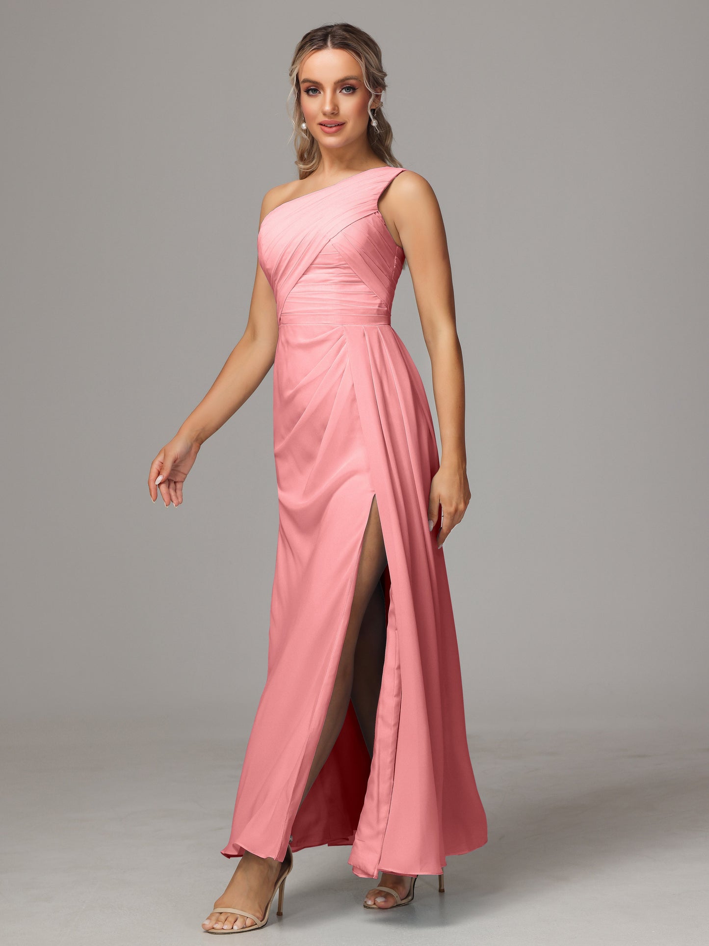 One Shoulder Floor Length Chiffon Bridesmaid Dress