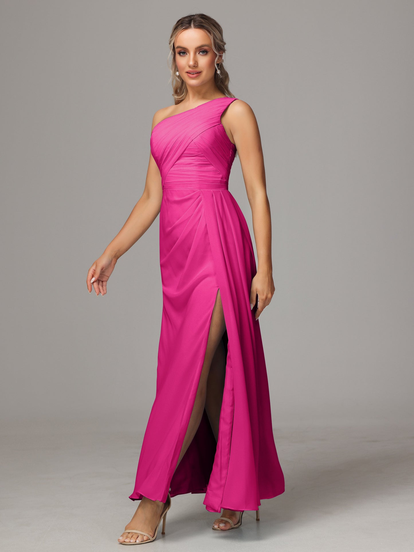 One Shoulder Floor Length Chiffon Bridesmaid Dress