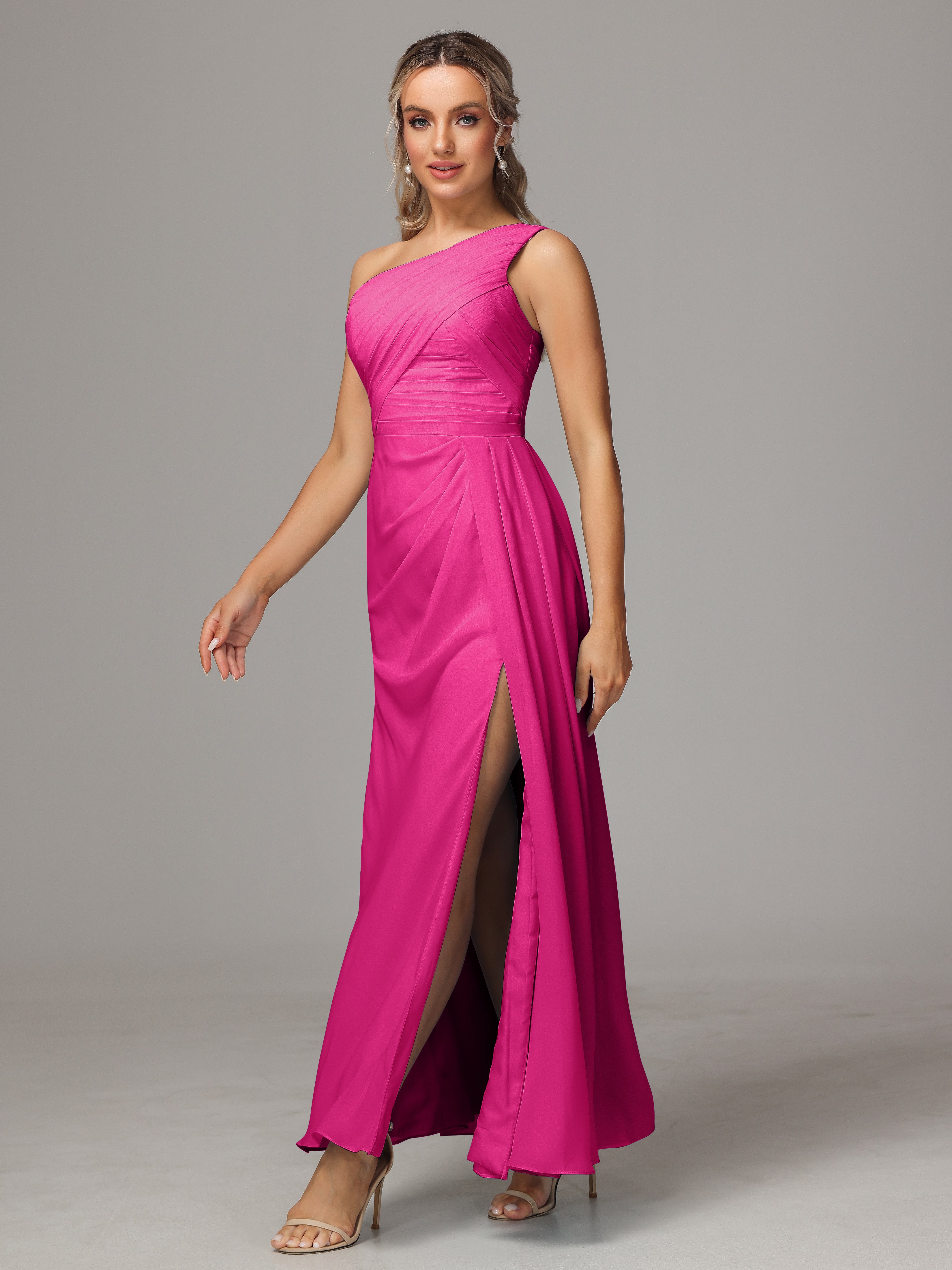 One Shoulder Floor Length Chiffon Bridesmaid Dress
