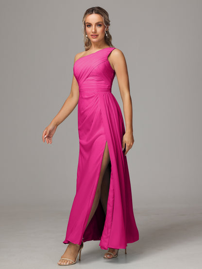 One Shoulder Floor Length Chiffon Bridesmaid Dress