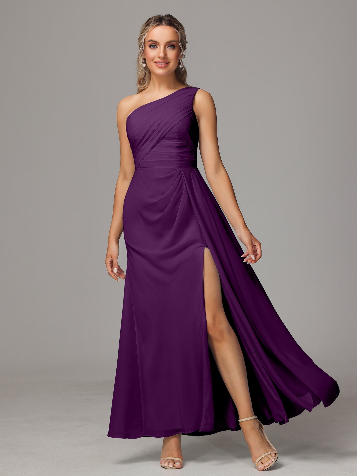 One Shoulder Floor Length Chiffon Bridesmaid Dress