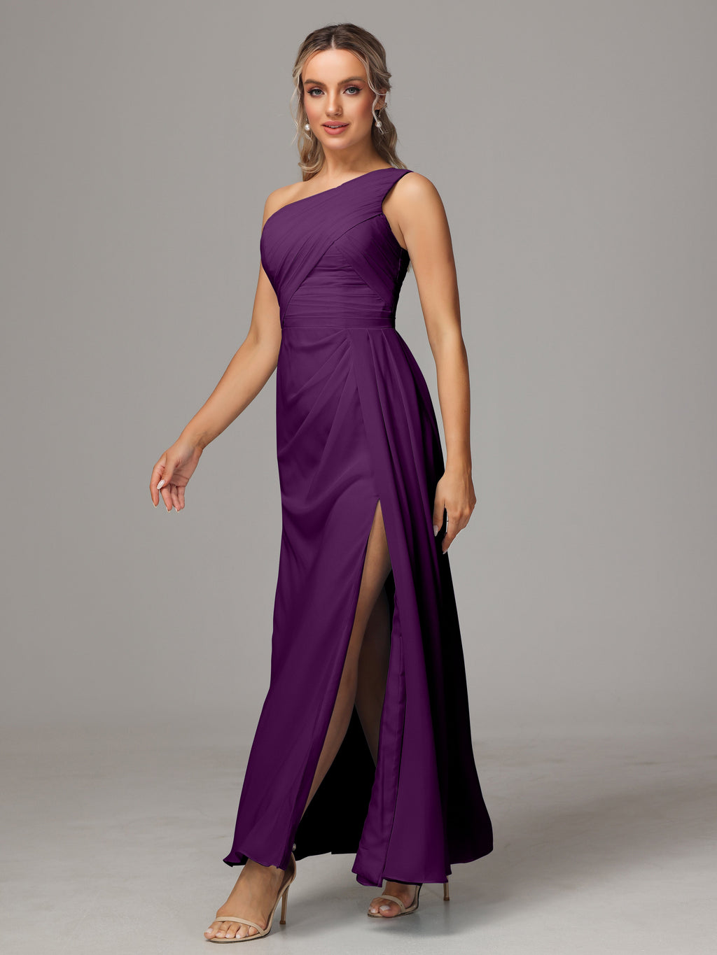 One Shoulder Floor Length Chiffon Bridesmaid Dress