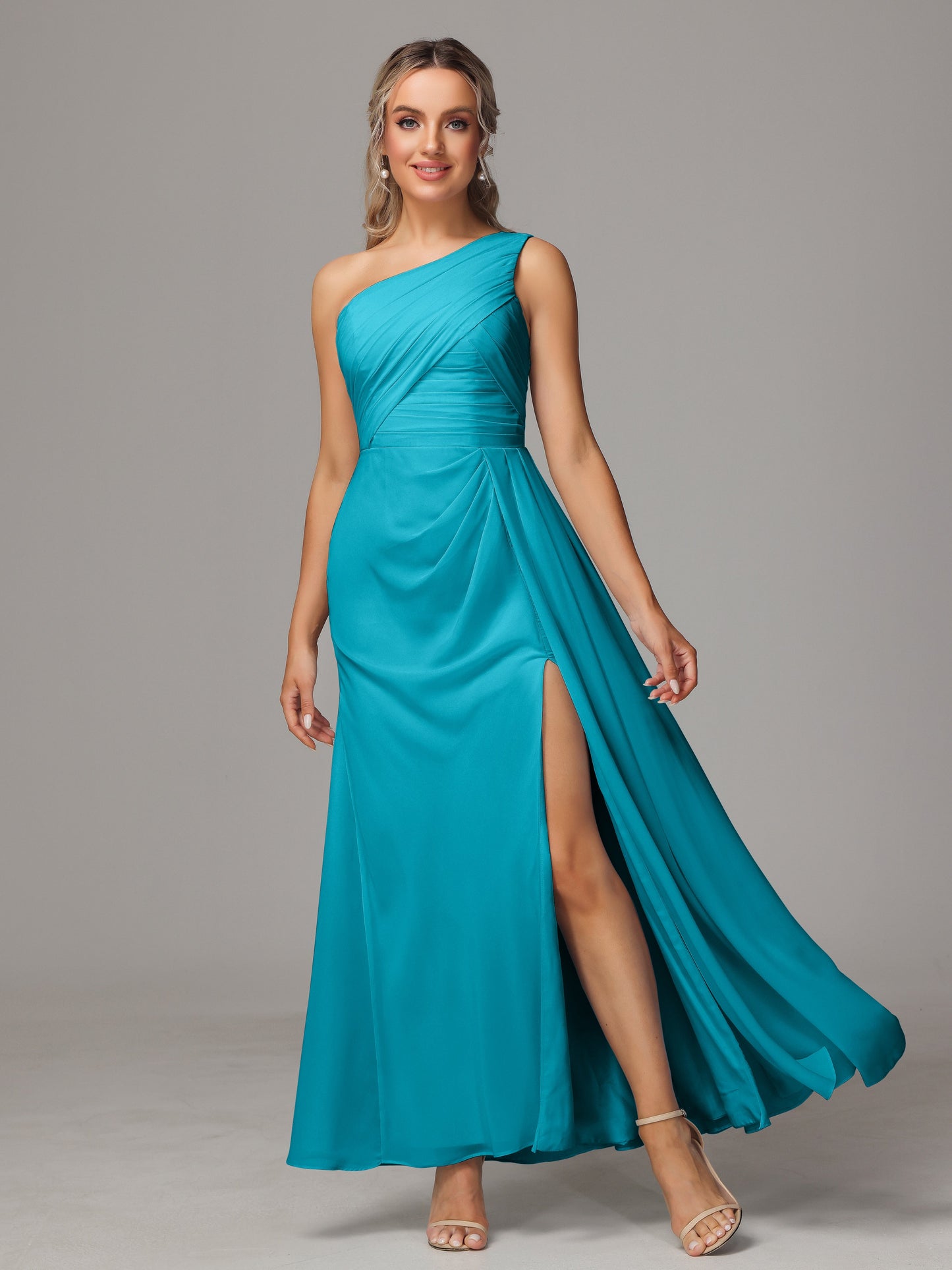 One Shoulder Floor Length Chiffon Bridesmaid Dress