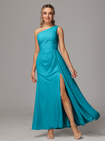 One Shoulder Floor Length Chiffon Bridesmaid Dress