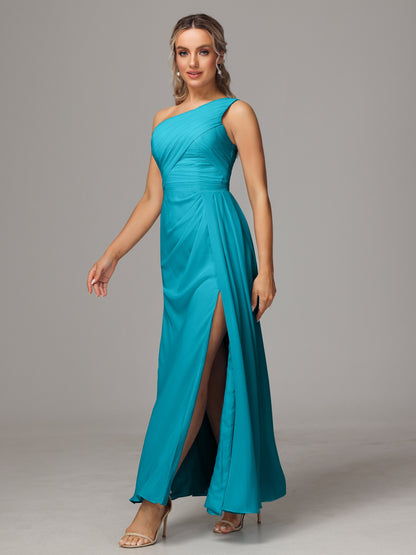 One Shoulder Floor Length Chiffon Bridesmaid Dress