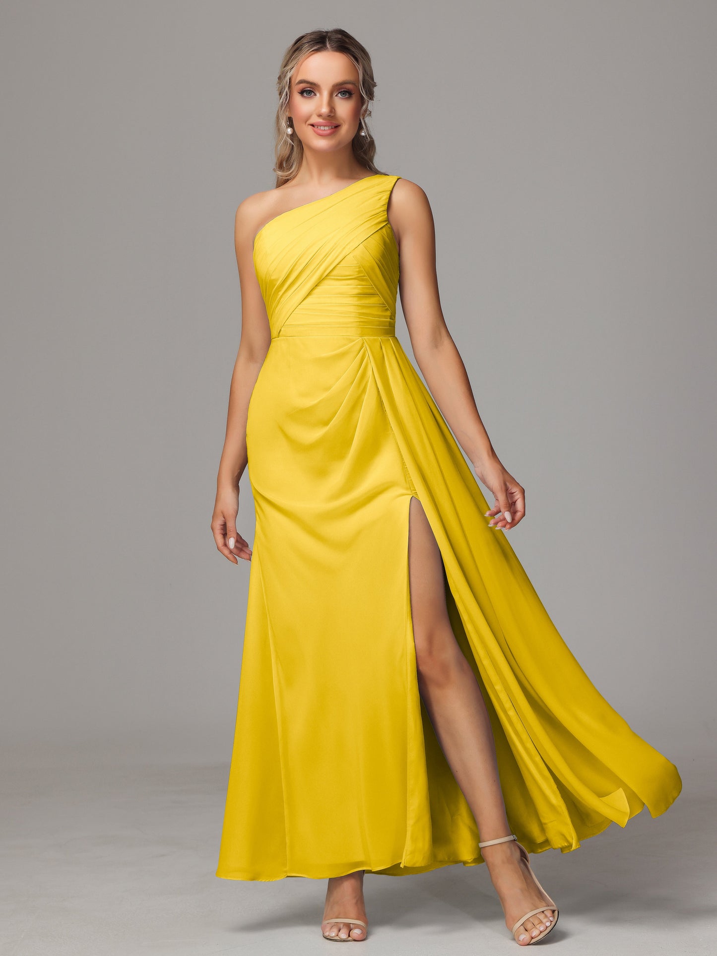 One Shoulder Floor Length Chiffon Bridesmaid Dress