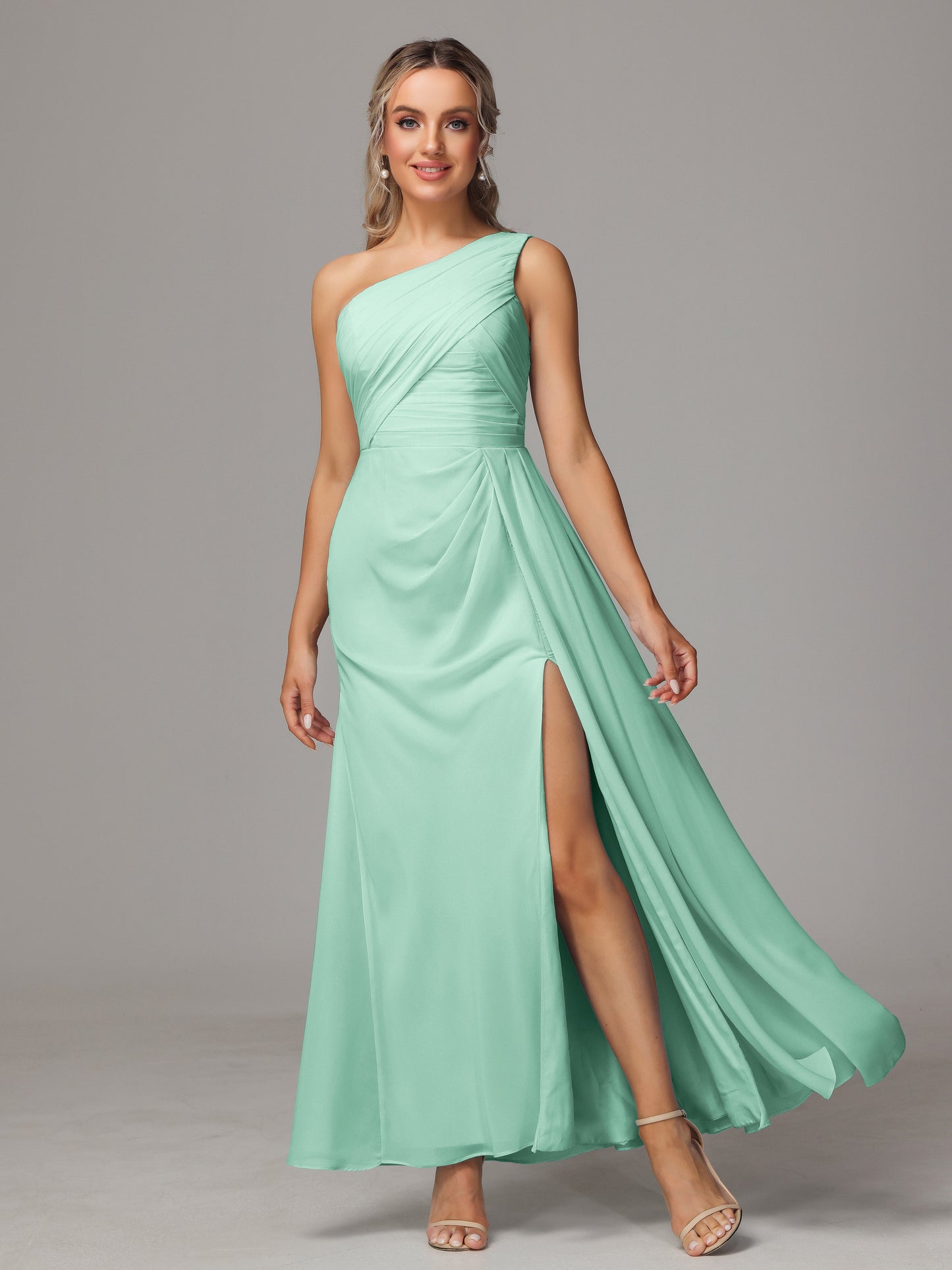 One Shoulder Floor Length Chiffon Bridesmaid Dress