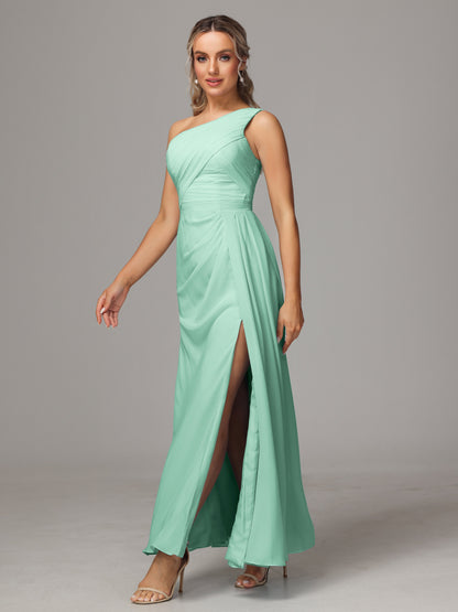 One Shoulder Floor Length Chiffon Bridesmaid Dress