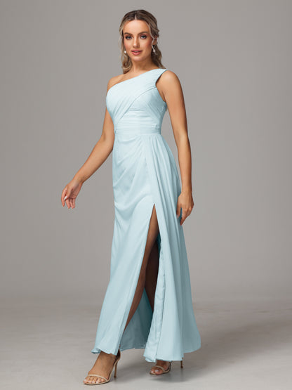 One Shoulder Floor Length Chiffon Bridesmaid Dress