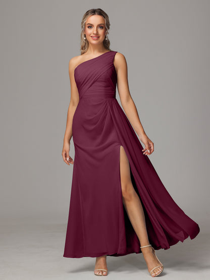 One Shoulder Floor Length Chiffon Bridesmaid Dress