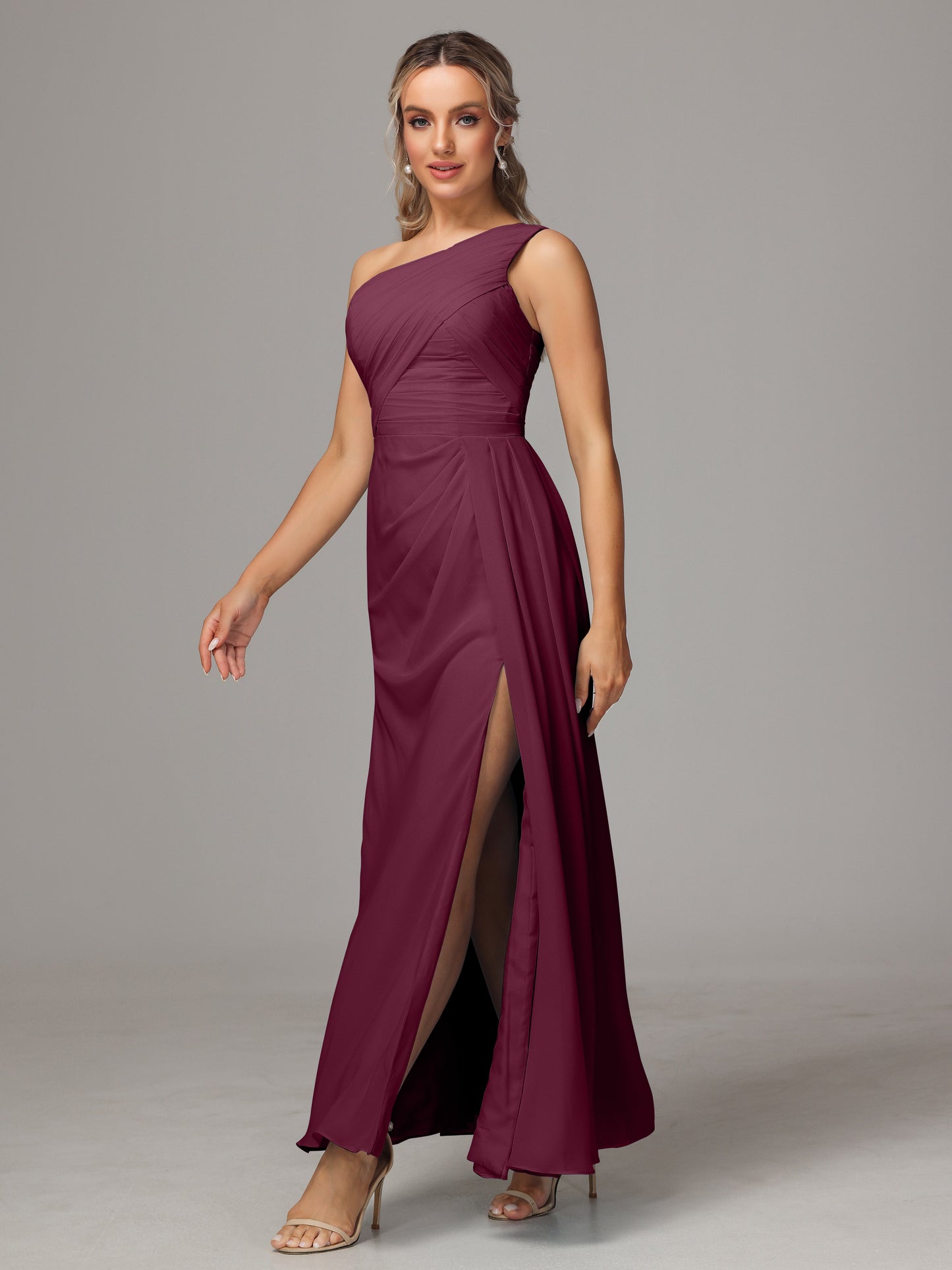 One Shoulder Floor Length Chiffon Bridesmaid Dress