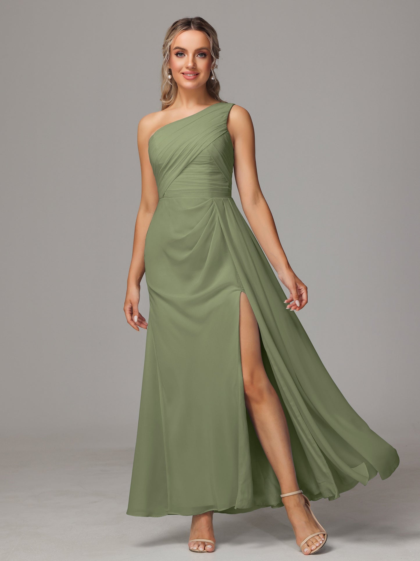 One Shoulder Floor Length Chiffon Bridesmaid Dress