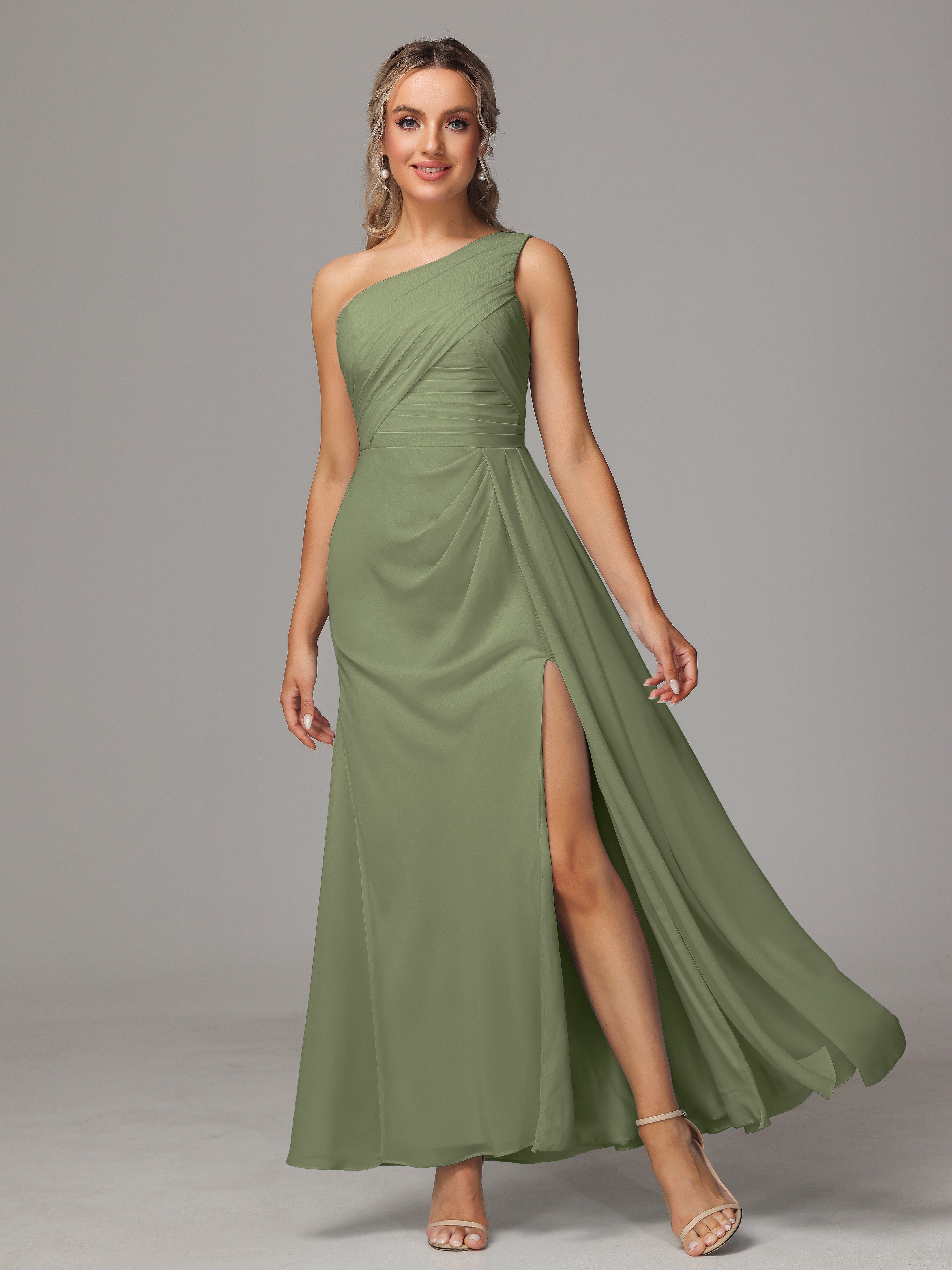 One Shoulder Floor Length Chiffon Bridesmaid Dress