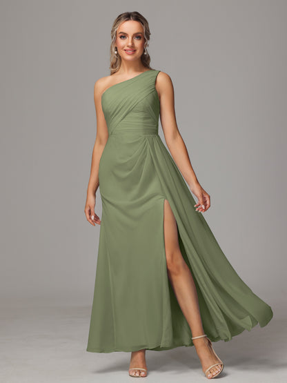 One Shoulder Floor Length Chiffon Bridesmaid Dress