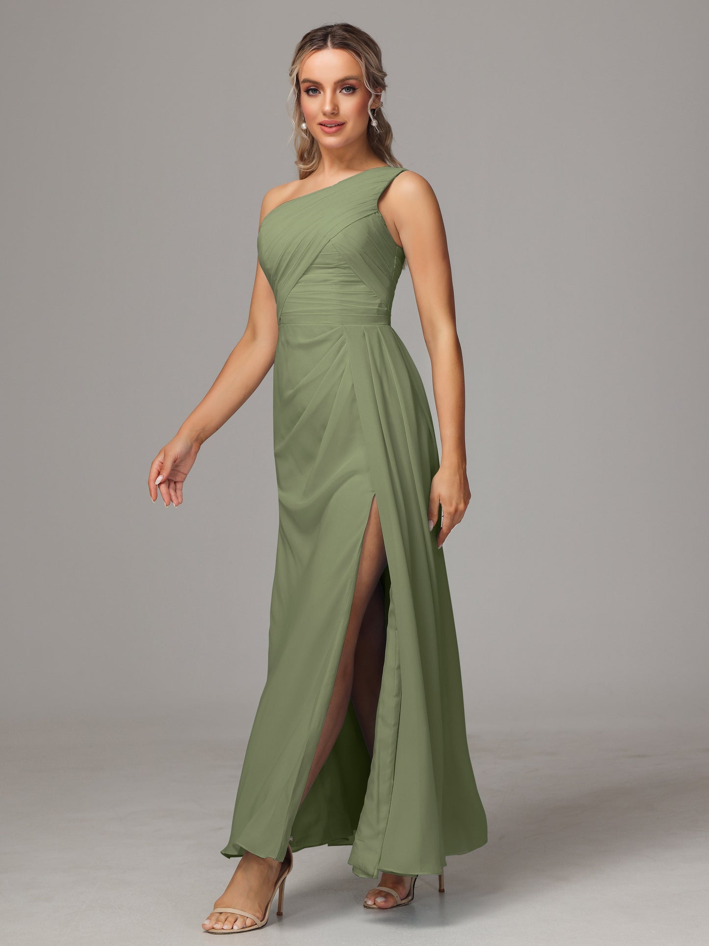 One Shoulder Floor Length Chiffon Bridesmaid Dress