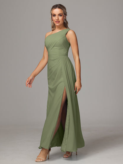 One Shoulder Floor Length Chiffon Bridesmaid Dress