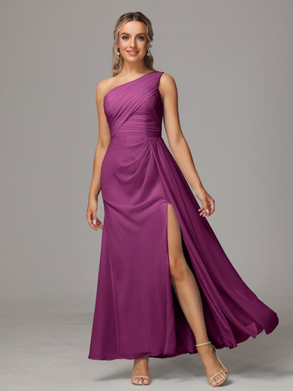 One Shoulder Floor Length Chiffon Bridesmaid Dress