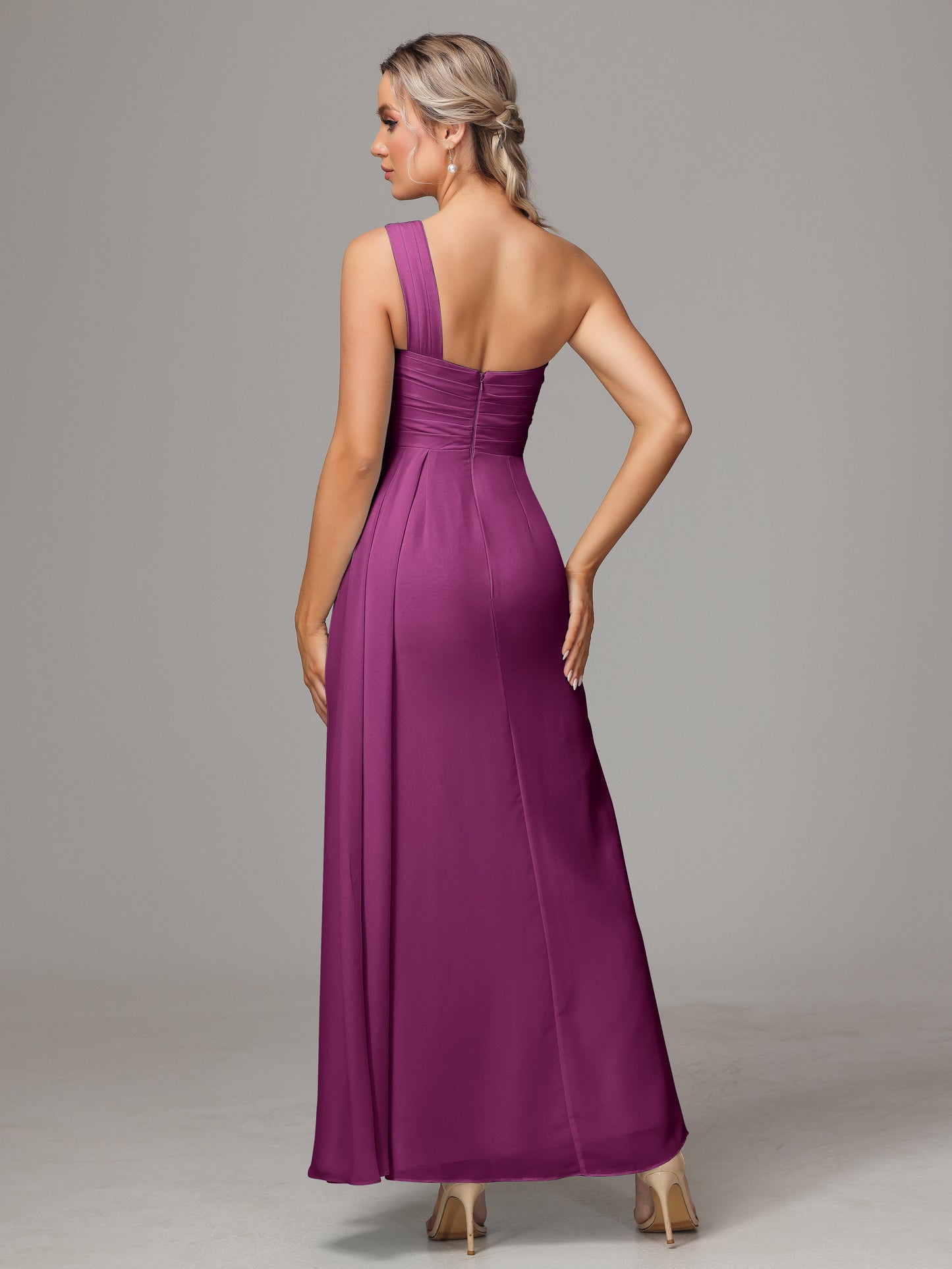 One Shoulder Floor Length Chiffon Bridesmaid Dress