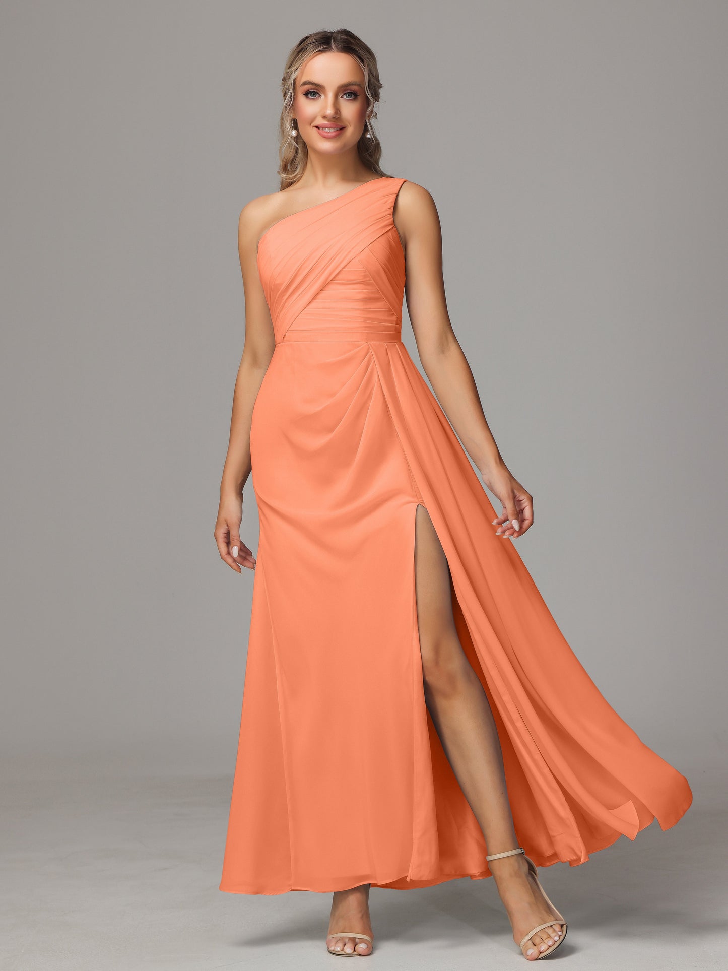One Shoulder Floor Length Chiffon Bridesmaid Dress
