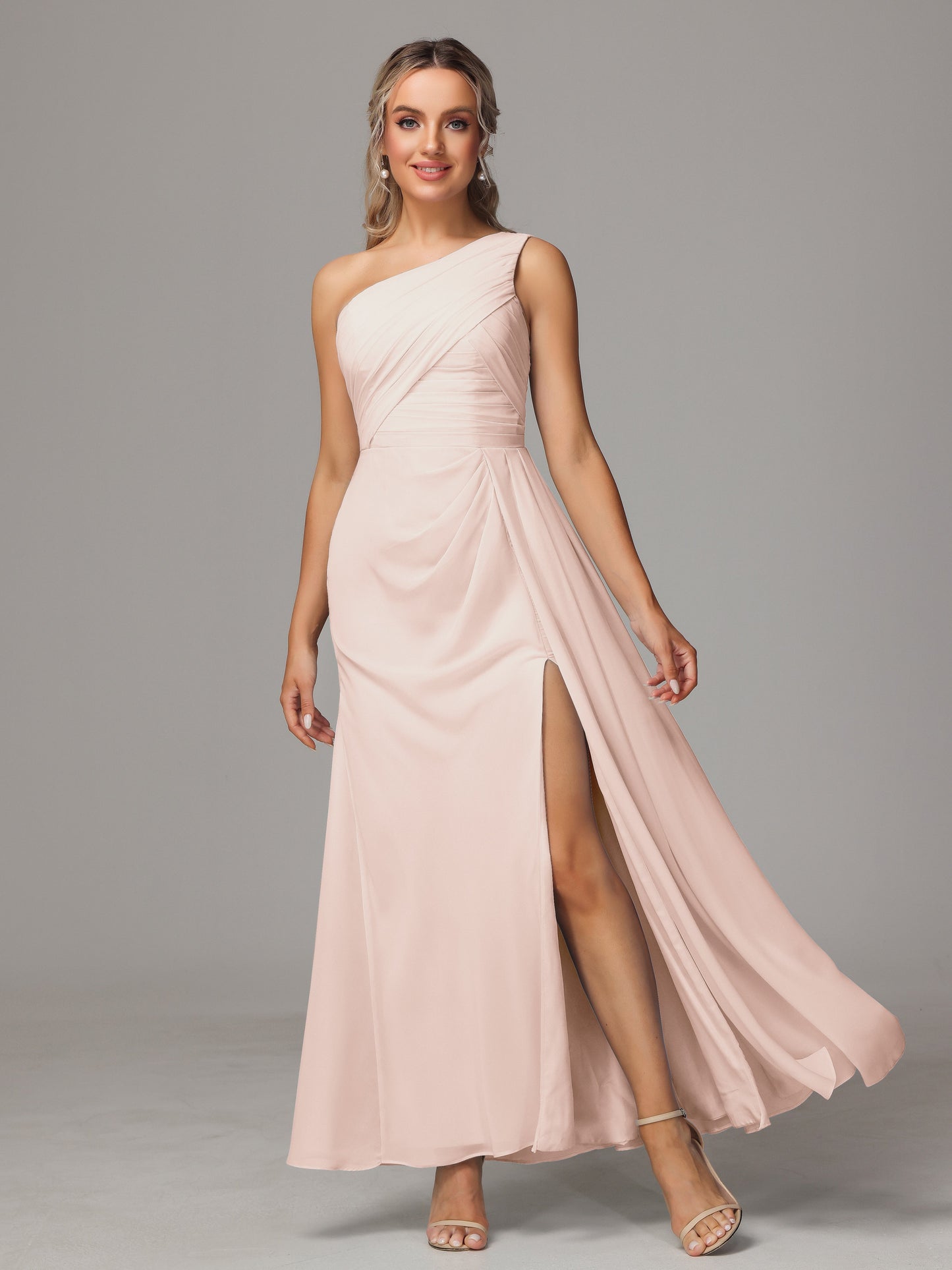 One Shoulder Floor Length Chiffon Bridesmaid Dress