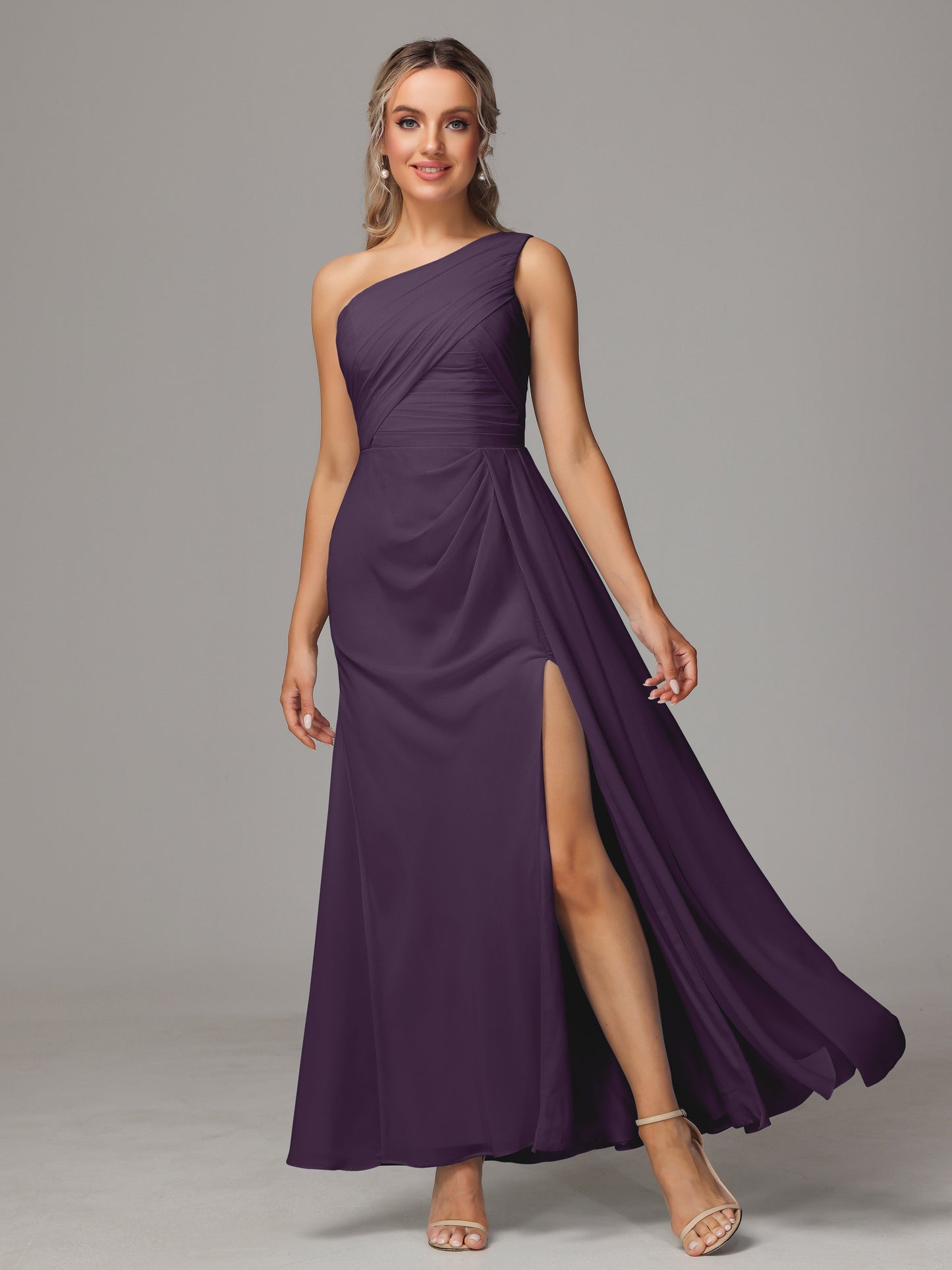 One Shoulder Floor Length Chiffon Bridesmaid Dress