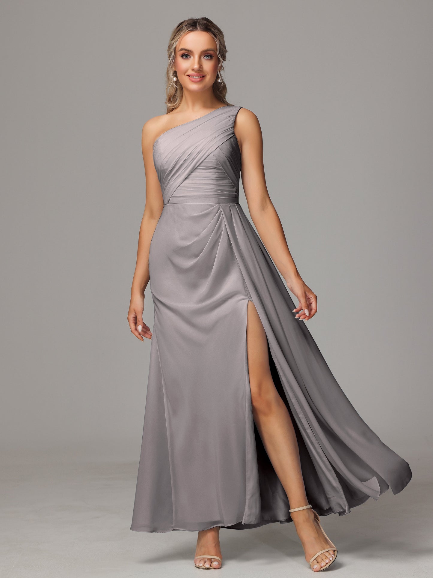 One Shoulder Floor Length Chiffon Bridesmaid Dress