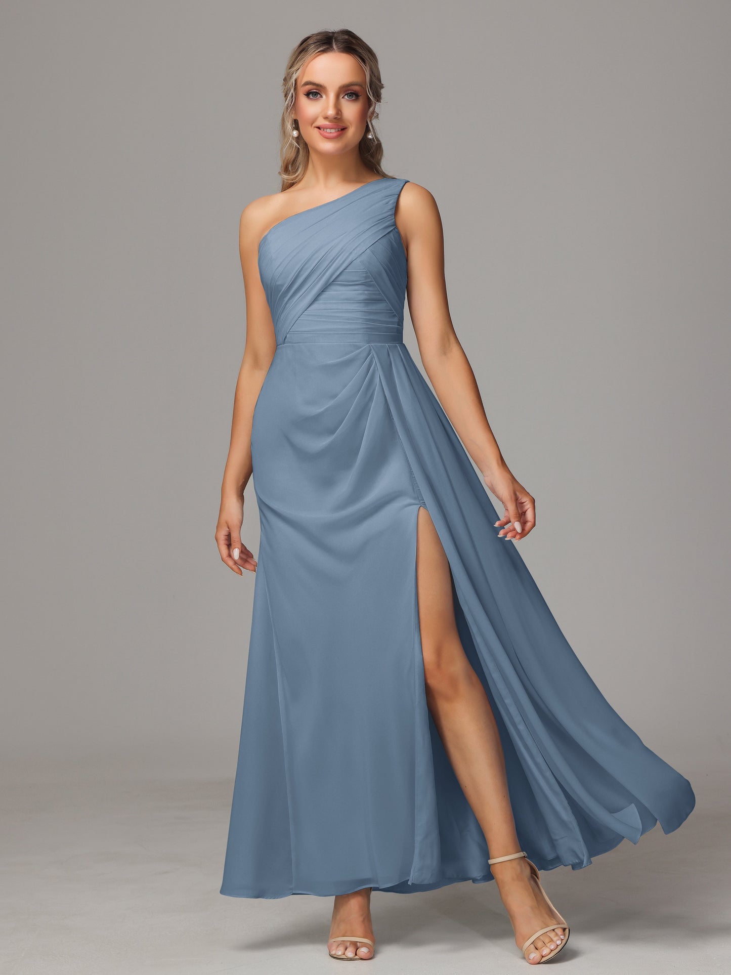 One Shoulder Floor Length Chiffon Bridesmaid Dress