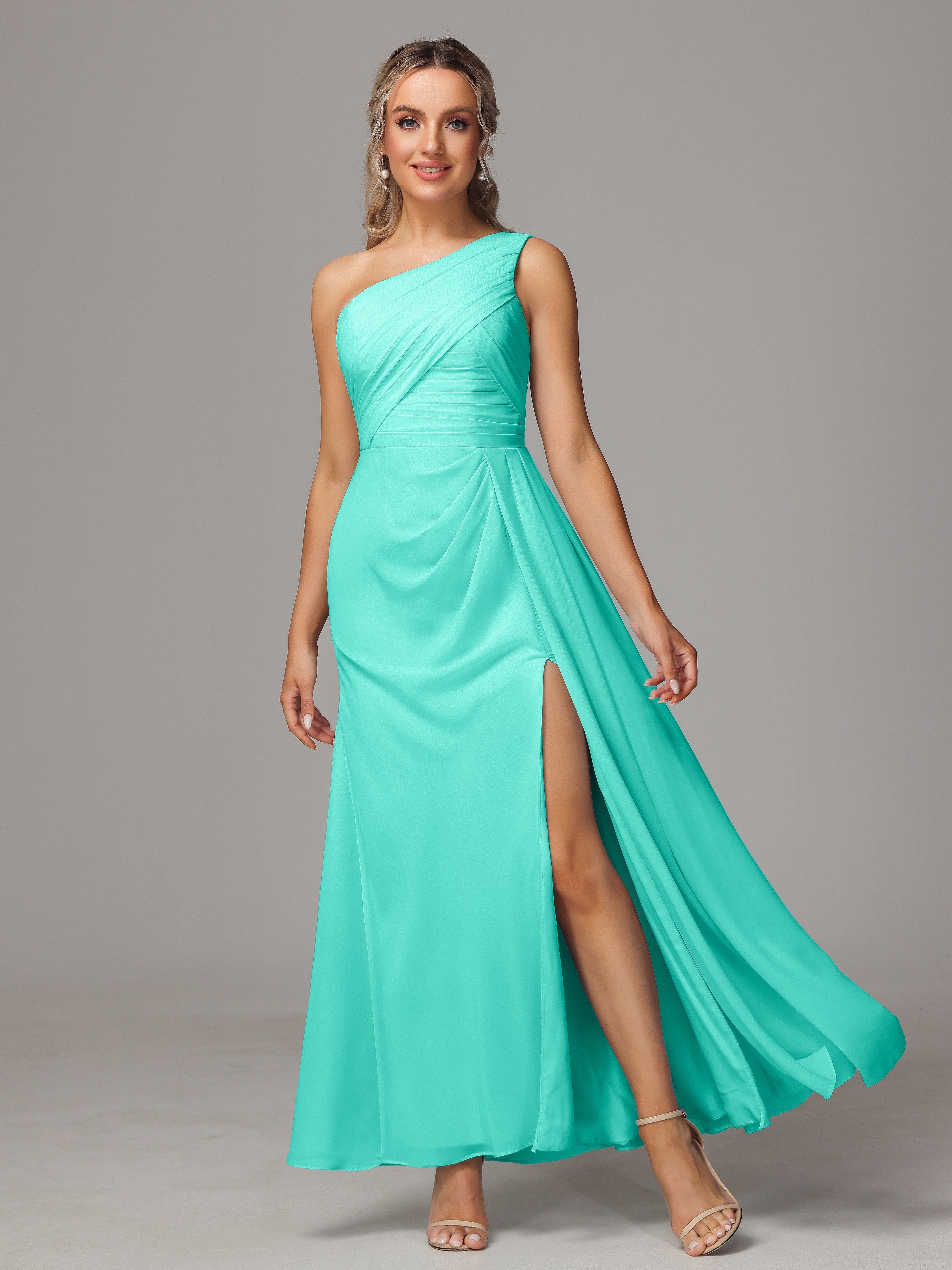 One Shoulder Floor Length Chiffon Bridesmaid Dress
