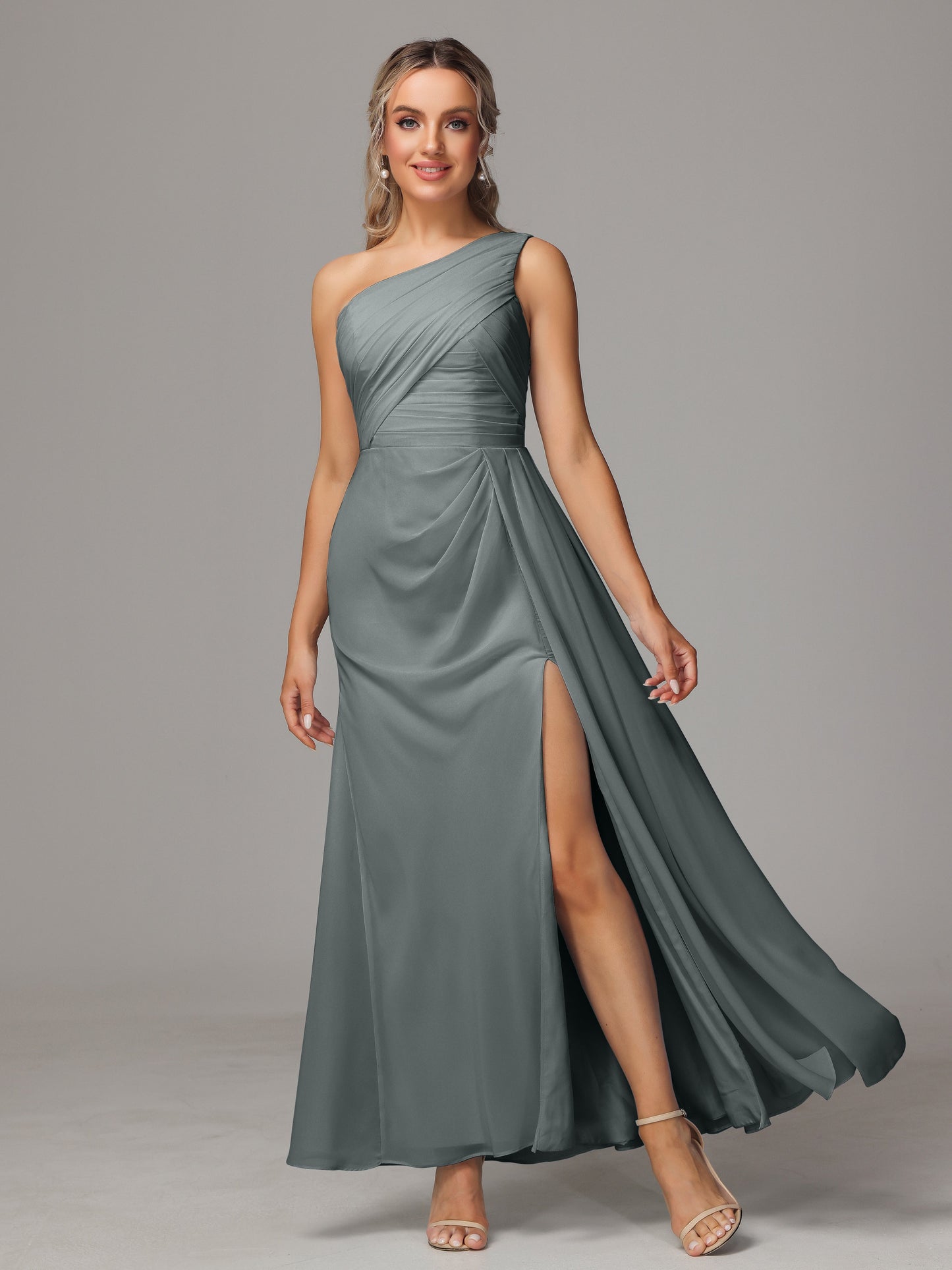 One Shoulder Floor Length Chiffon Bridesmaid Dress