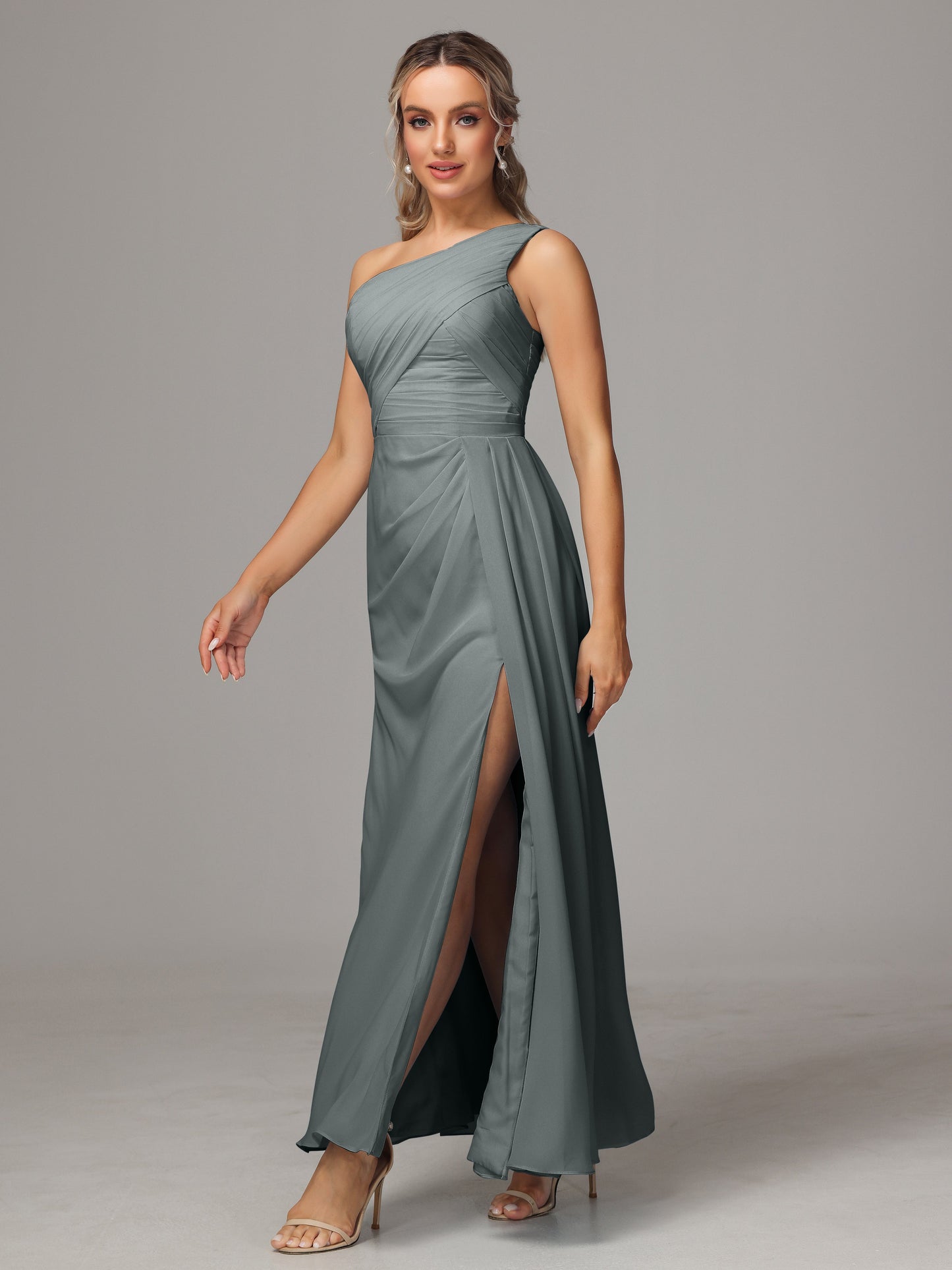 One Shoulder Floor Length Chiffon Bridesmaid Dress
