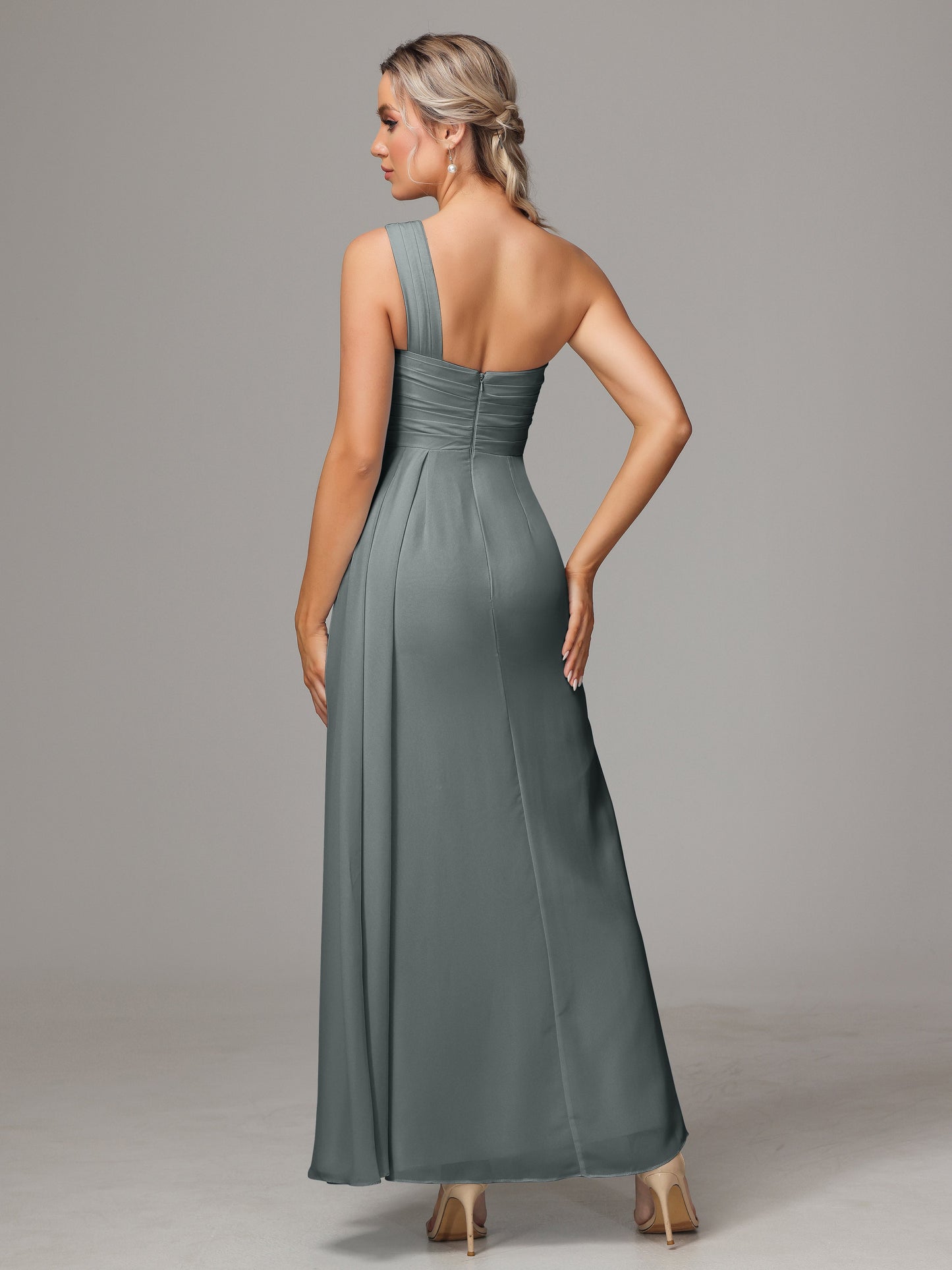 One Shoulder Floor Length Chiffon Bridesmaid Dress