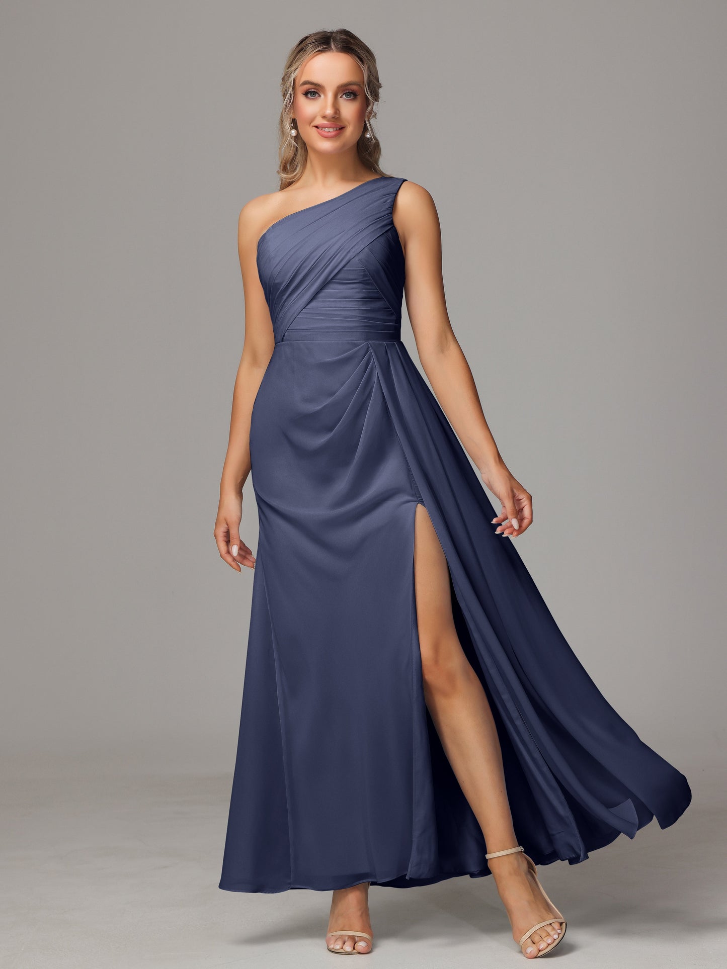 One Shoulder Floor Length Chiffon Bridesmaid Dress